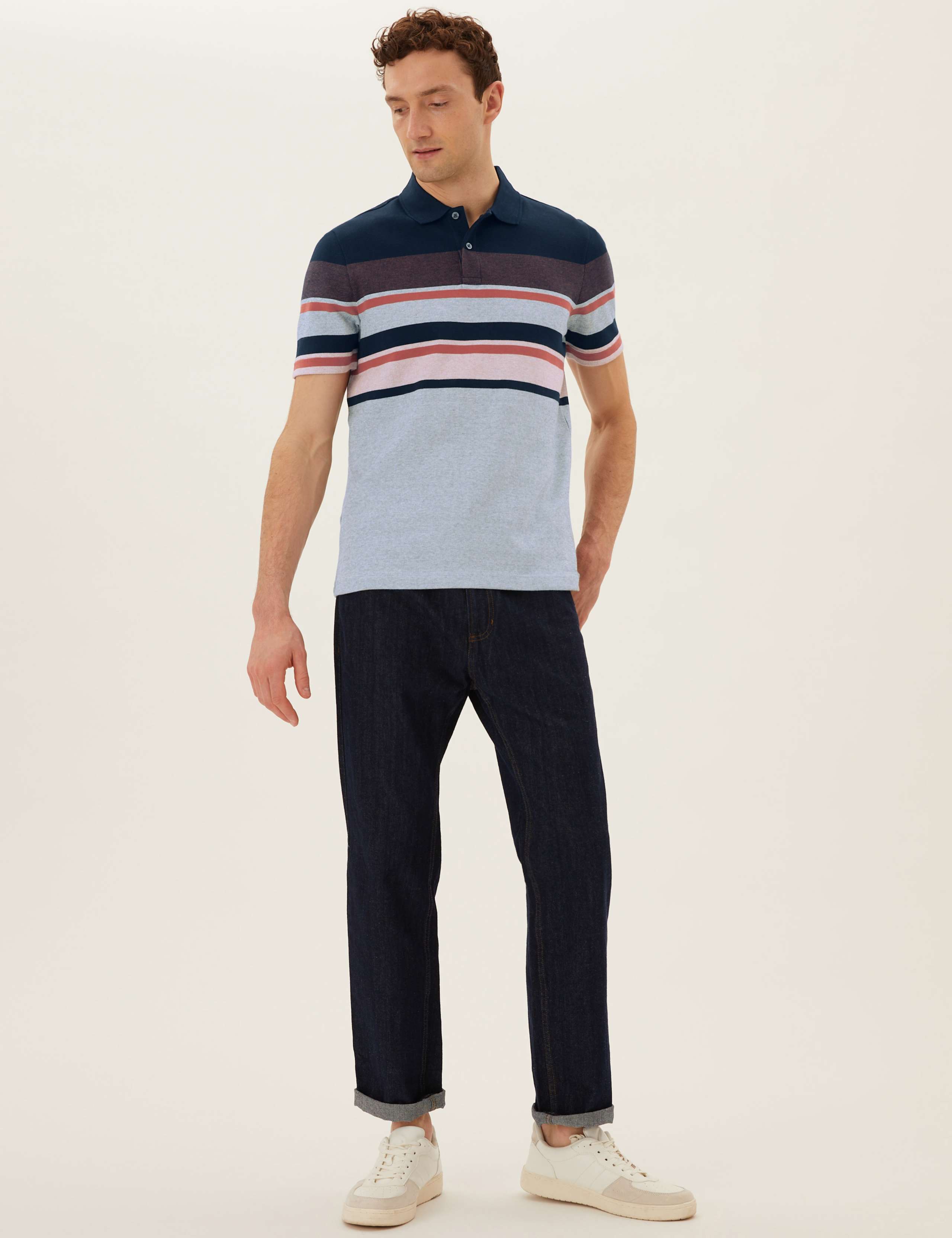 Pure Cotton Double Knit Striped Polo Shirt 1 of 3