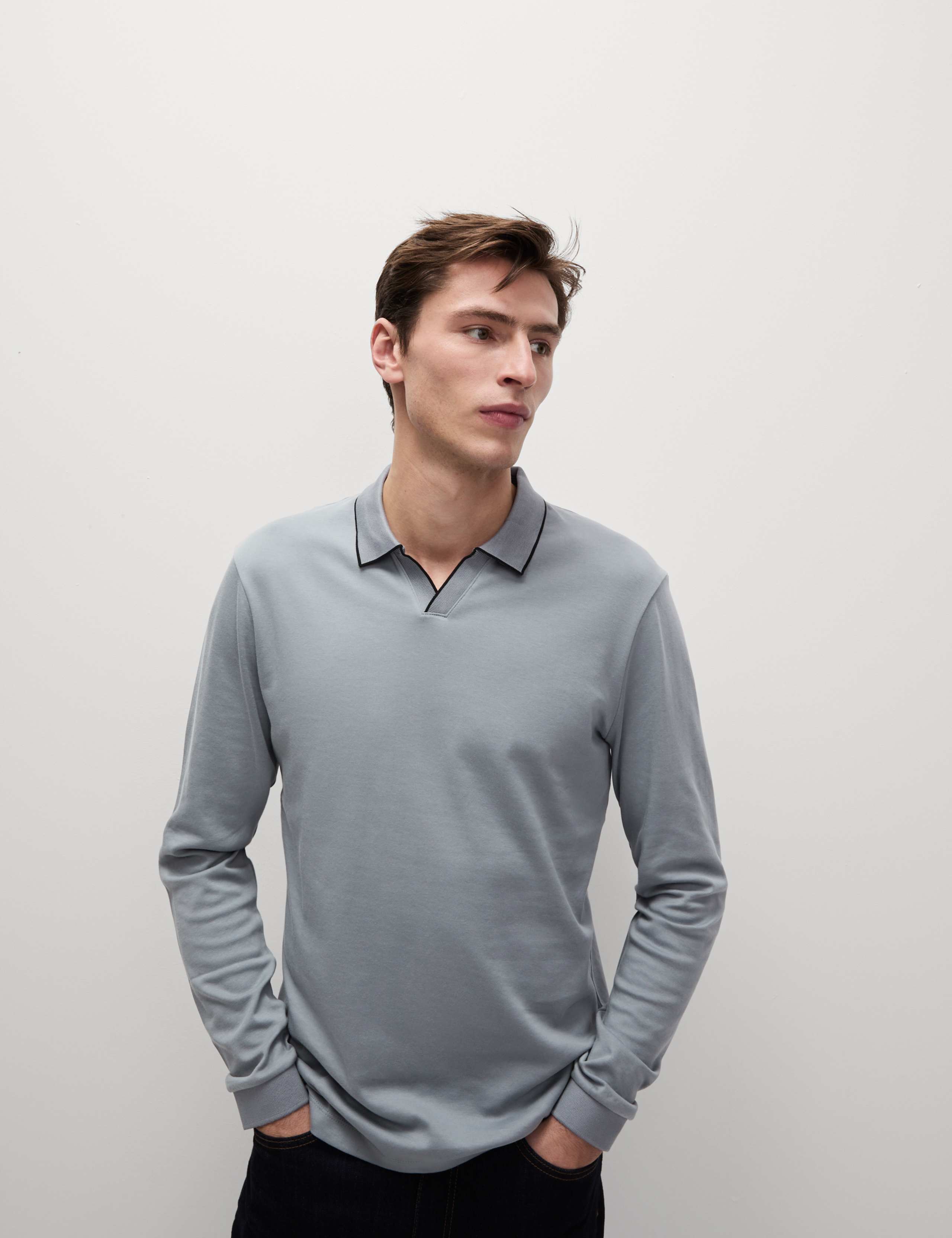 Pure Cotton Tipped Long Sleeve Polo Shirt 3 of 5