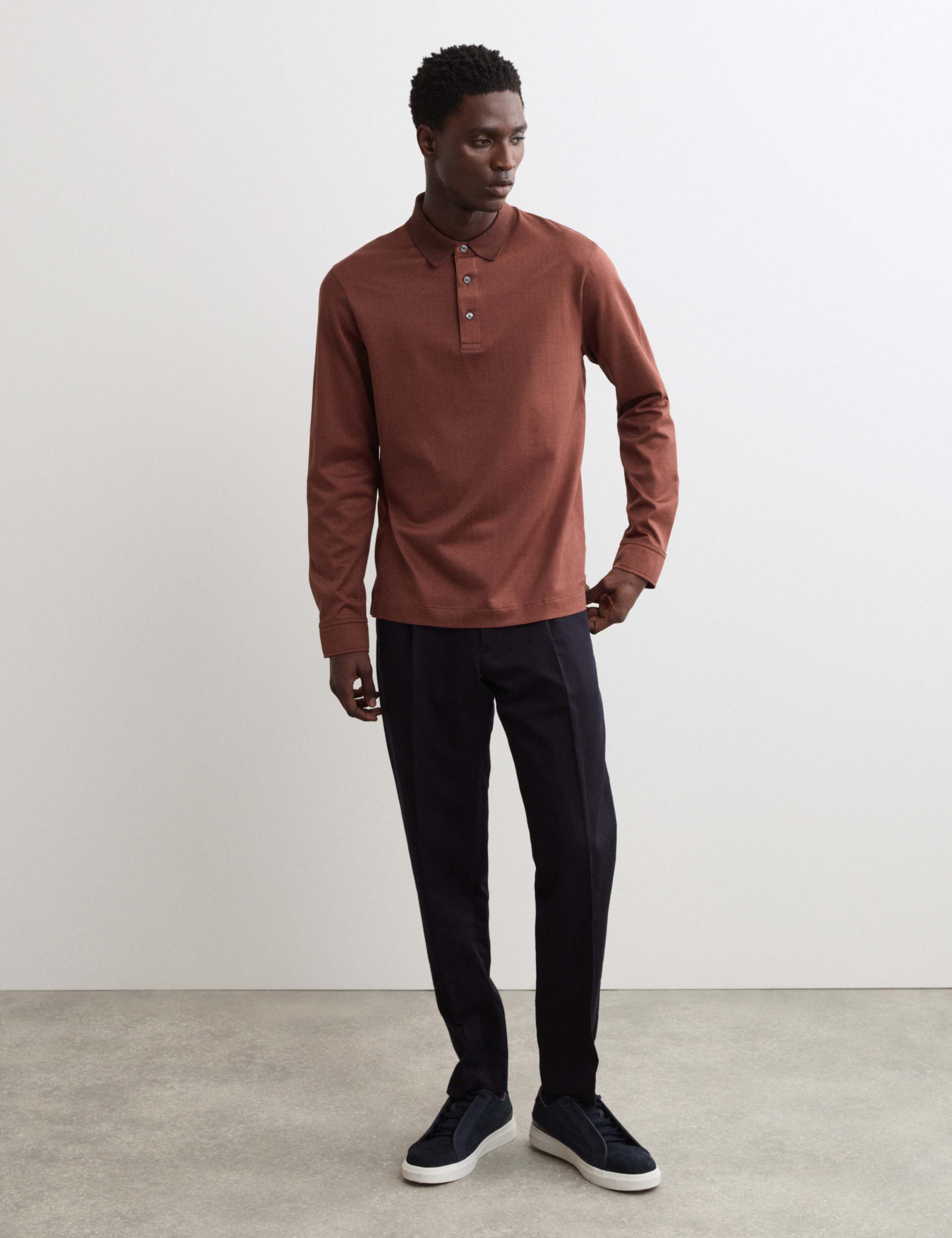 Pure Cotton Textured Long Sleeve Polo Shirt 1 of 6