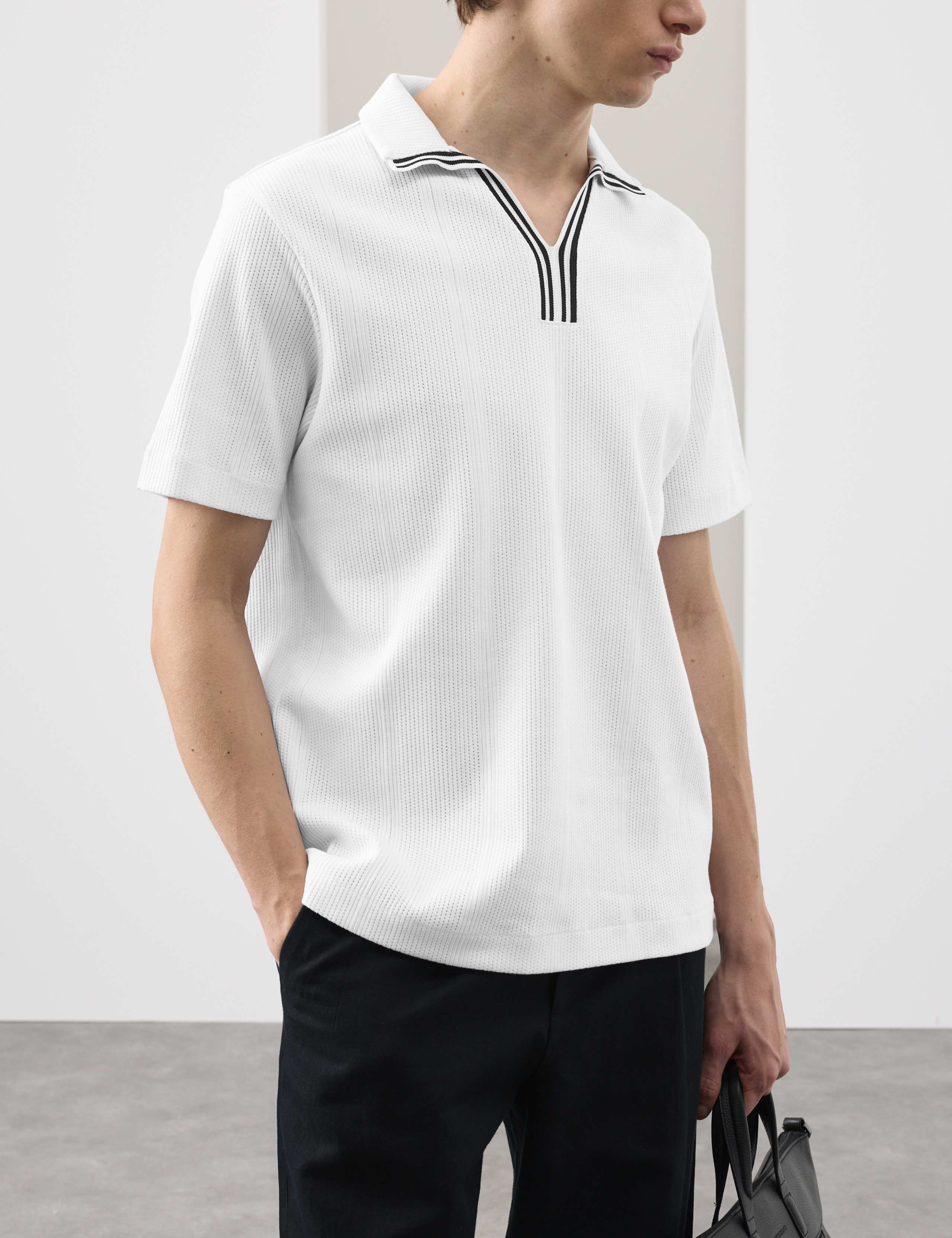 Pure Cotton Vertical Pointelle Polo Shirt 1 of 4