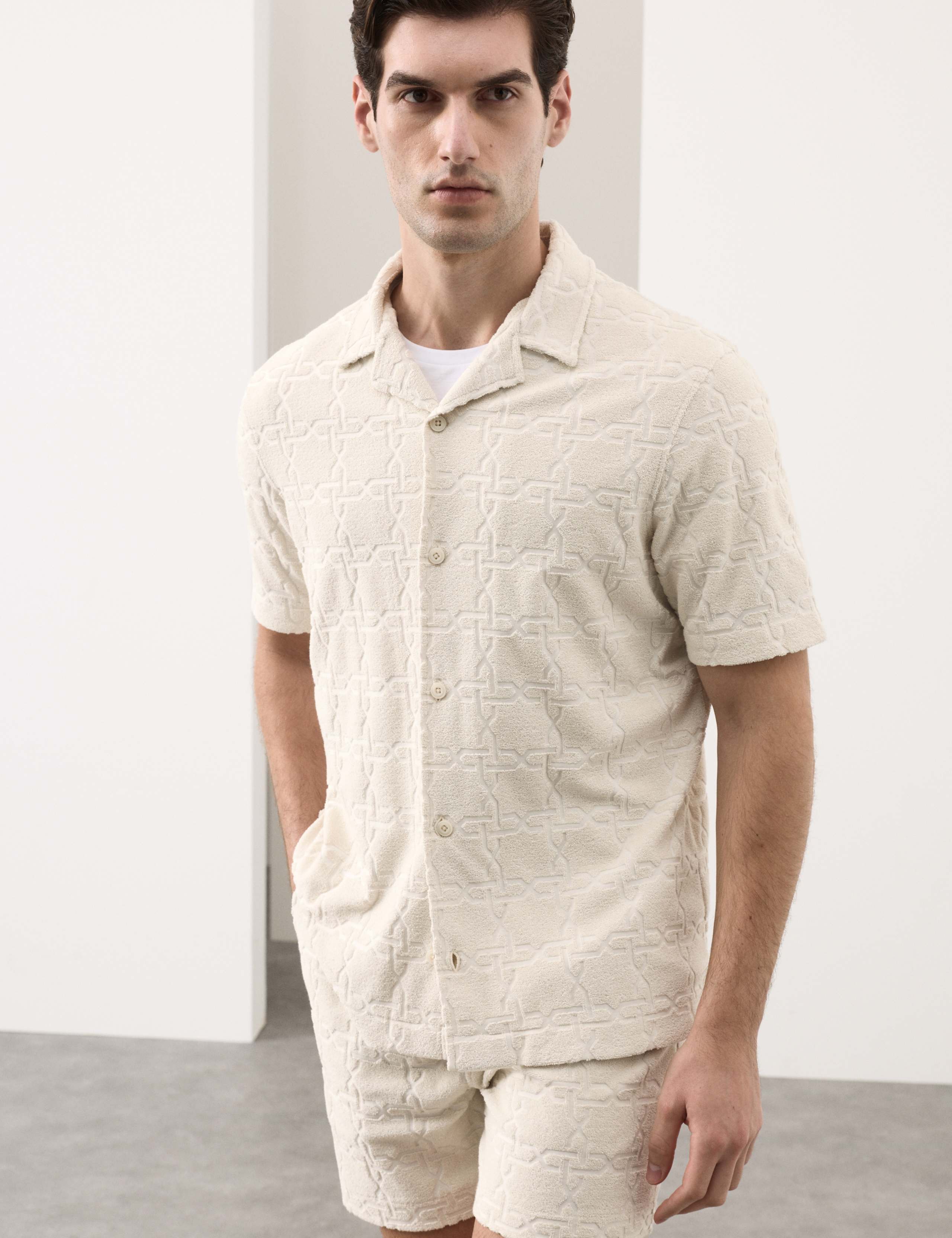 Cotton Rich Jacquard Towelling Revere Polo Shirt 1 of 5