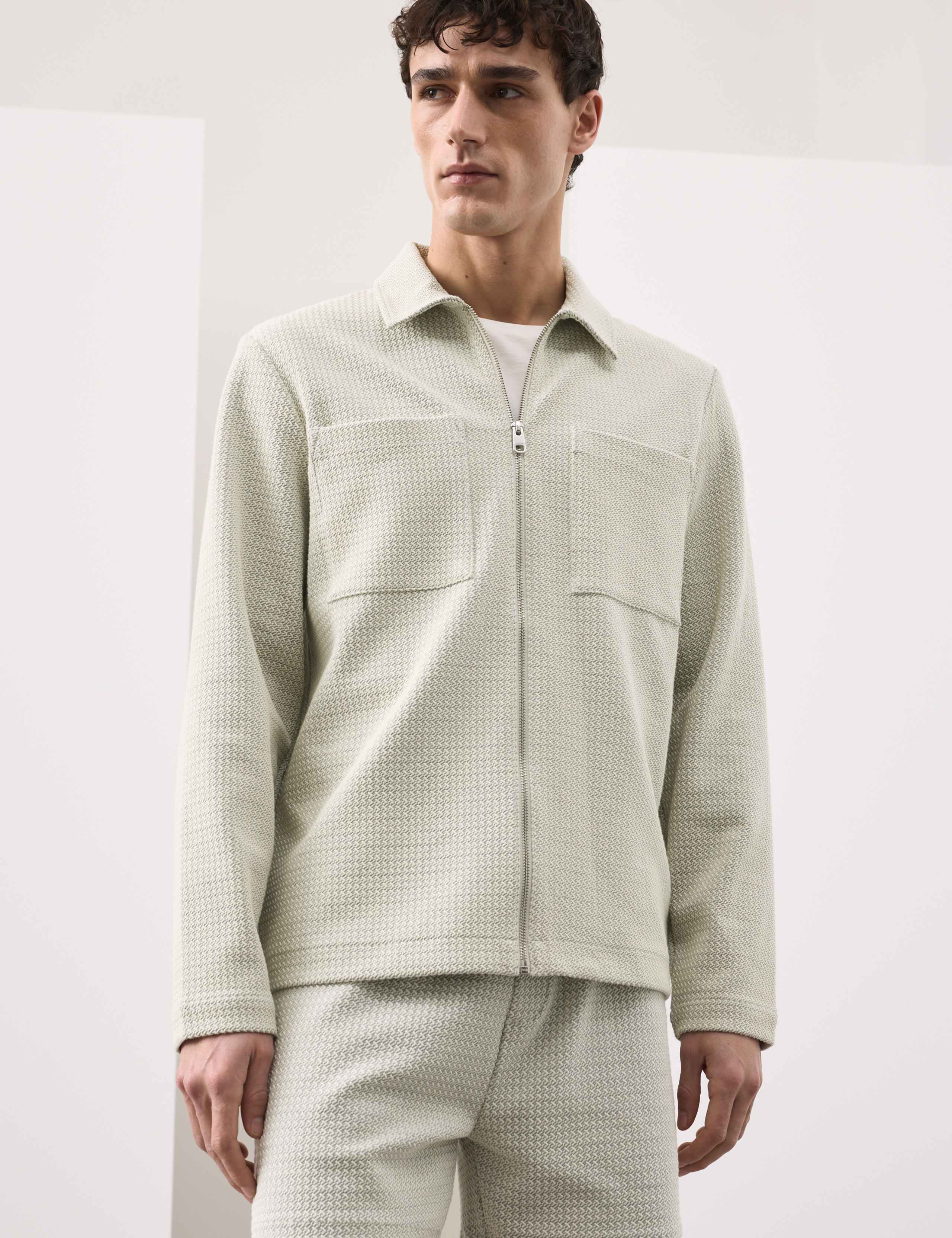 Cotton Blend Zip Up Textured Jacket 1 of 6