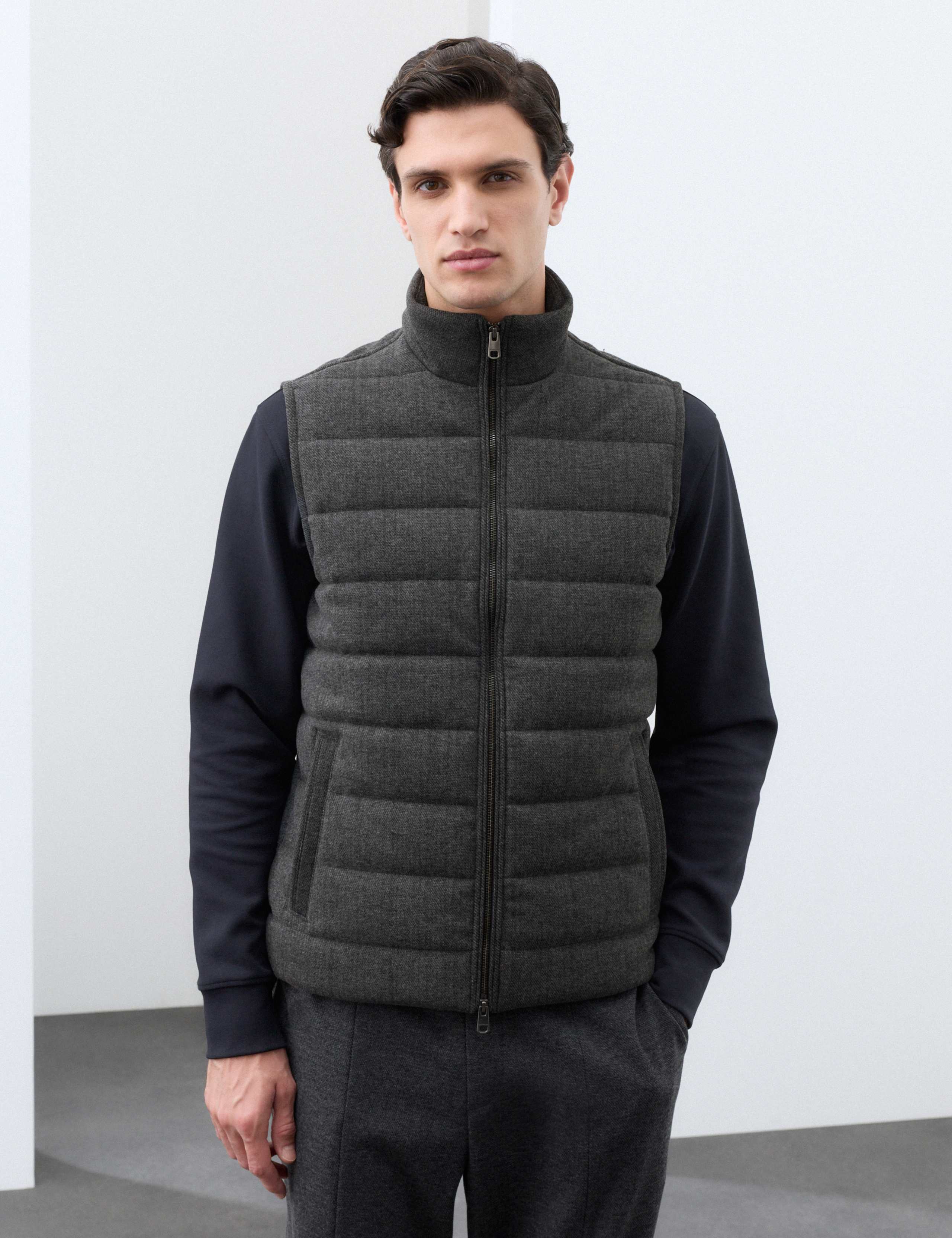 Padded Hybrid Zip Up Gilet with Wool 1 of 7