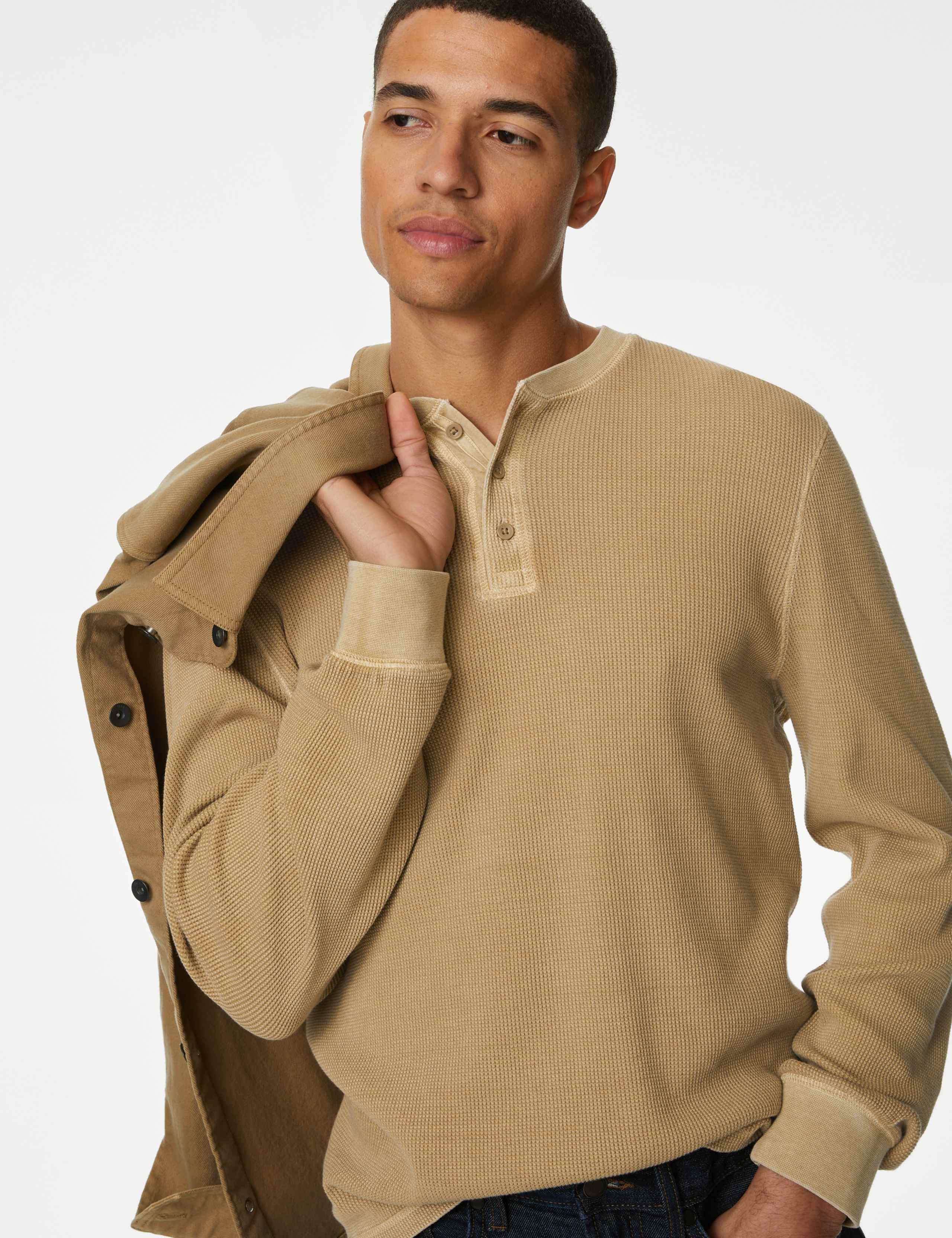 Pure Cotton Waffle Henley Long Sleeve Top 3 of 5