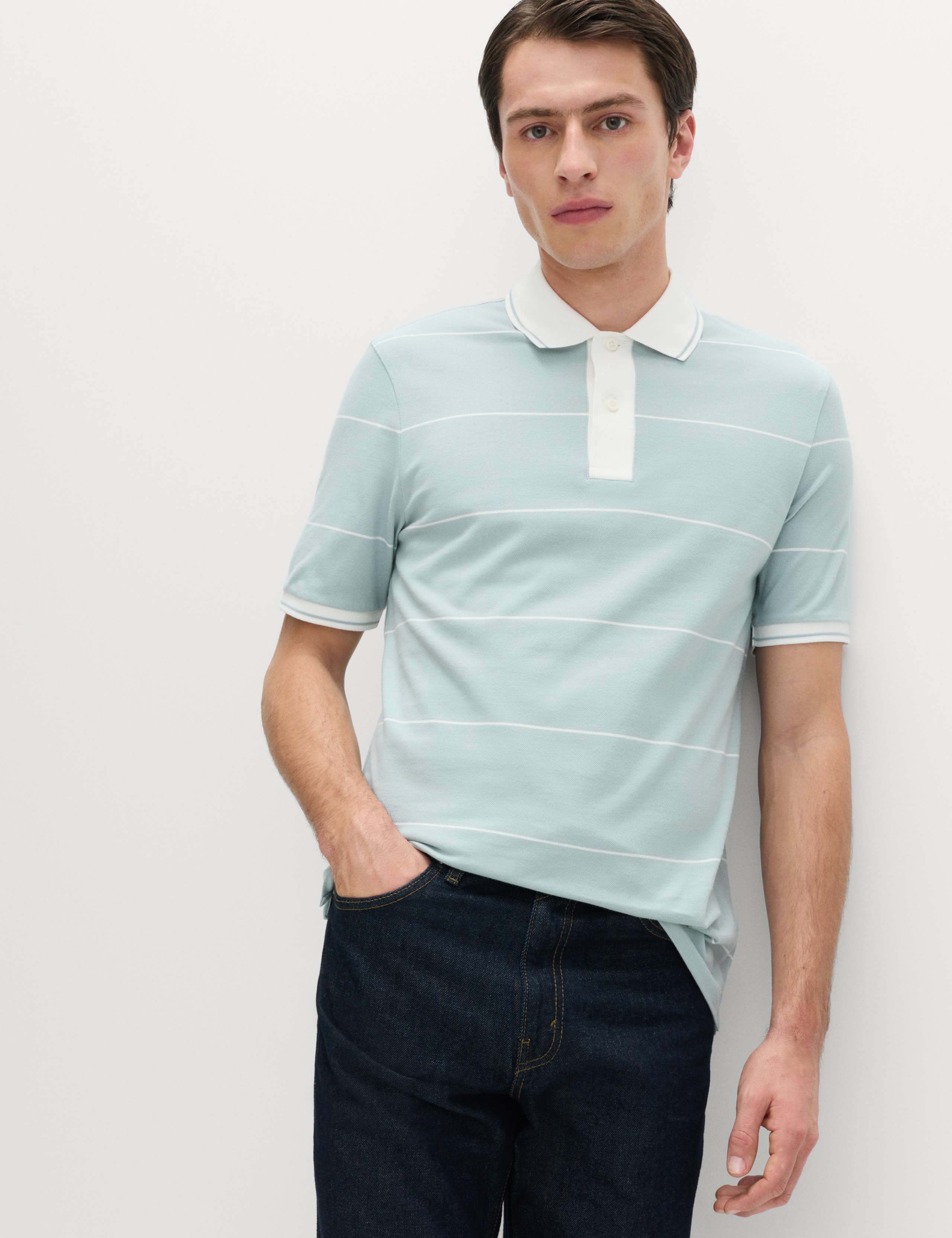 Pure Cotton Pique Striped Polo Shirt 1 of 6