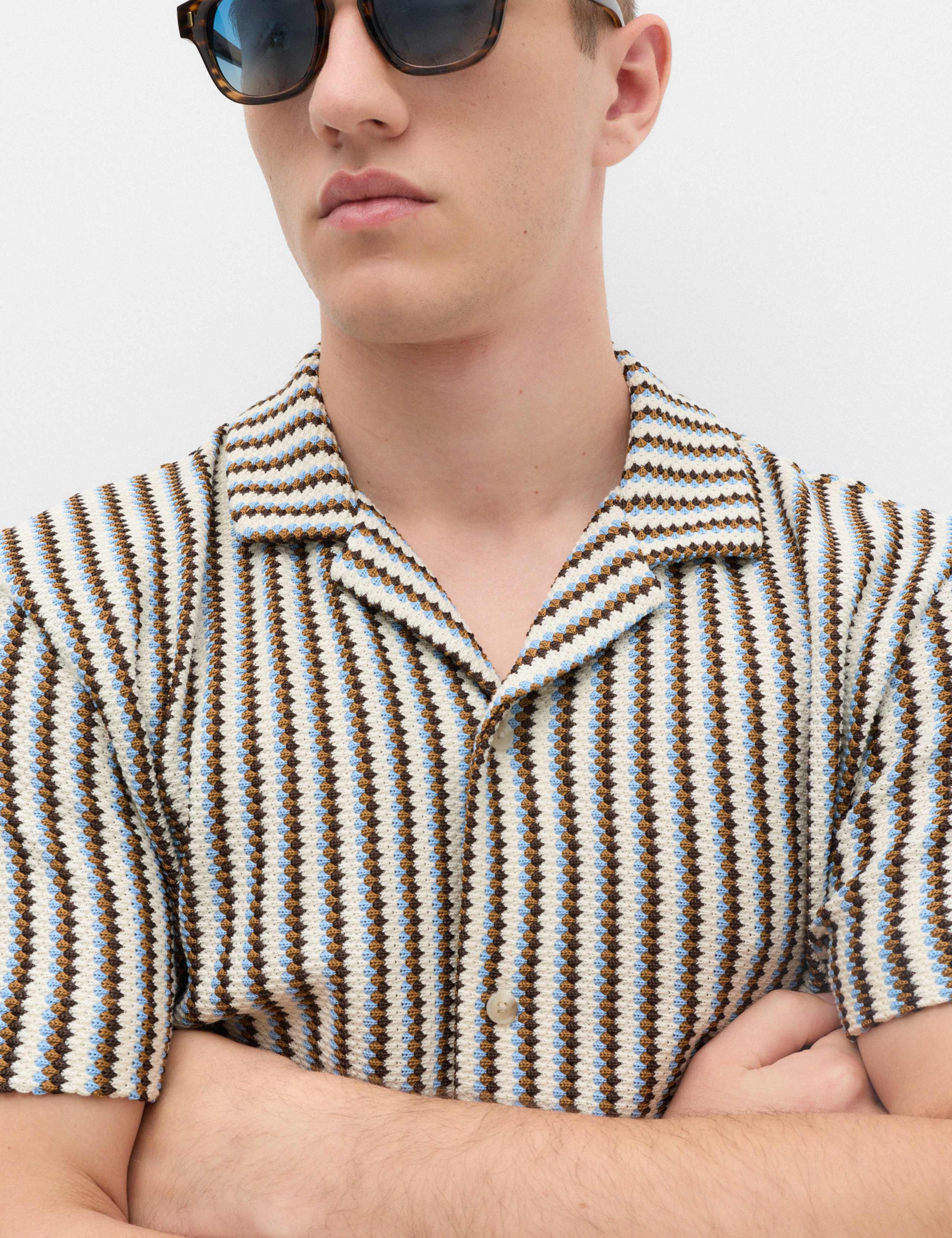 Cotton Blend Textured Striped Short Sleeve Shirt 3 of 5
