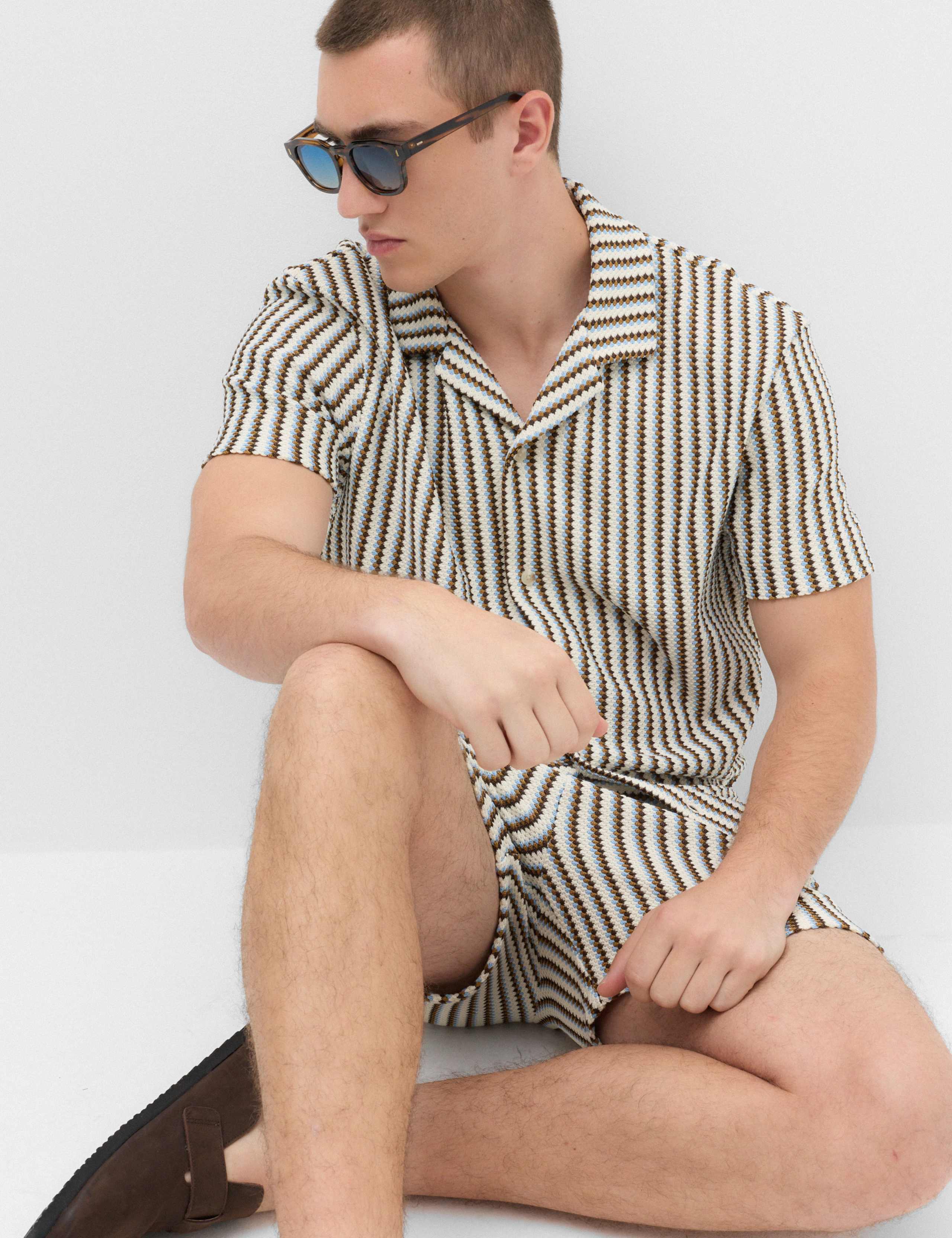 Cotton Blend Textured Striped Short Sleeve Shirt 5 of 5