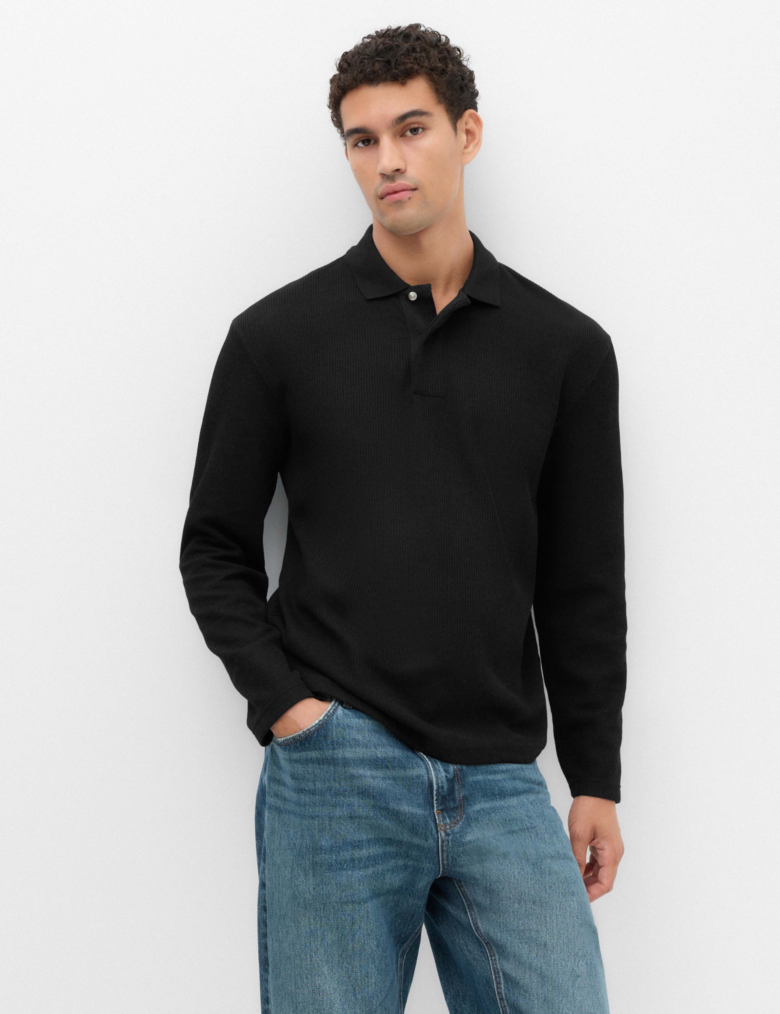 Cotton Blend Ribbed Long Sleeve Polo Shirt 1 of 6