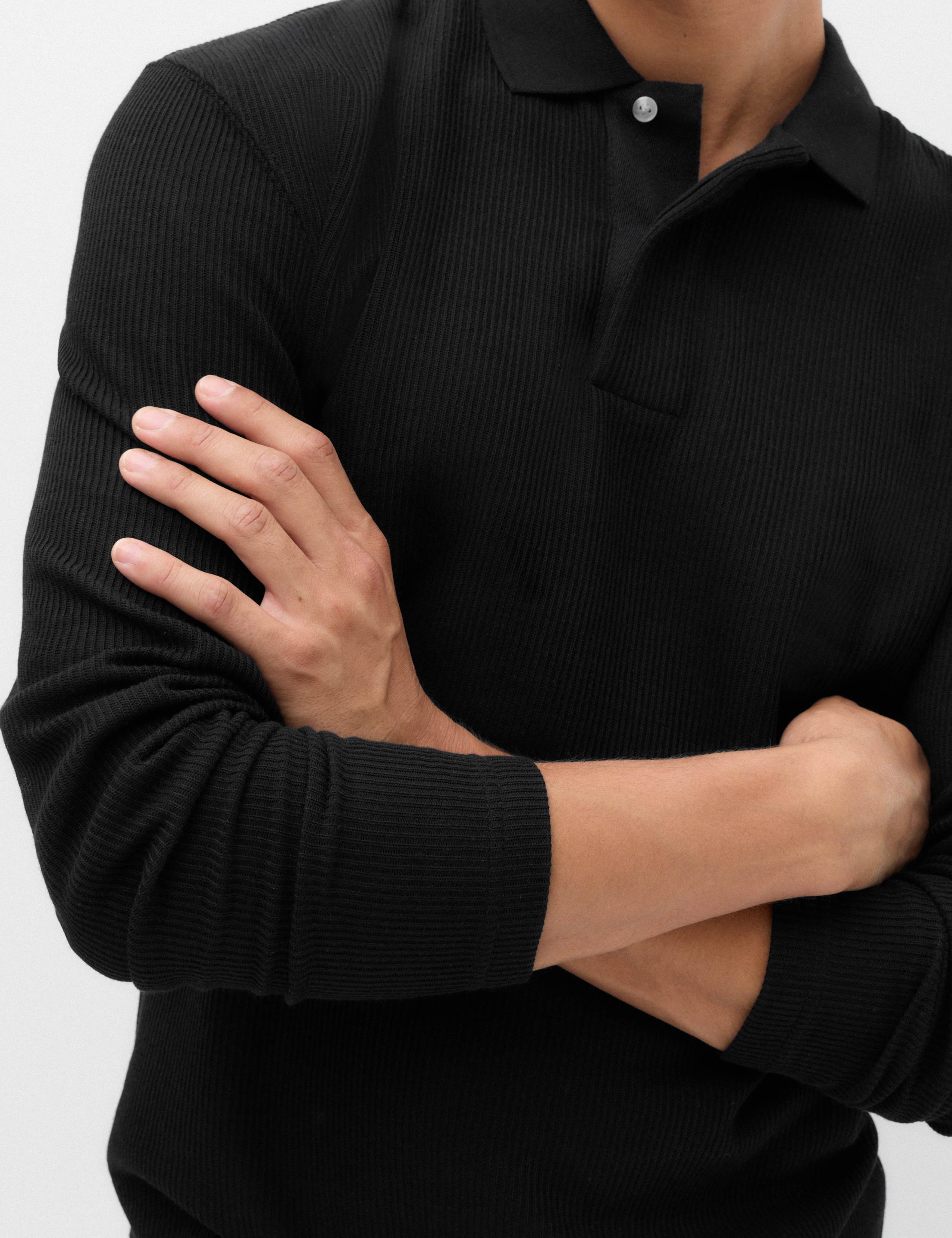 Cotton Blend Ribbed Long Sleeve Polo Shirt 4 of 6