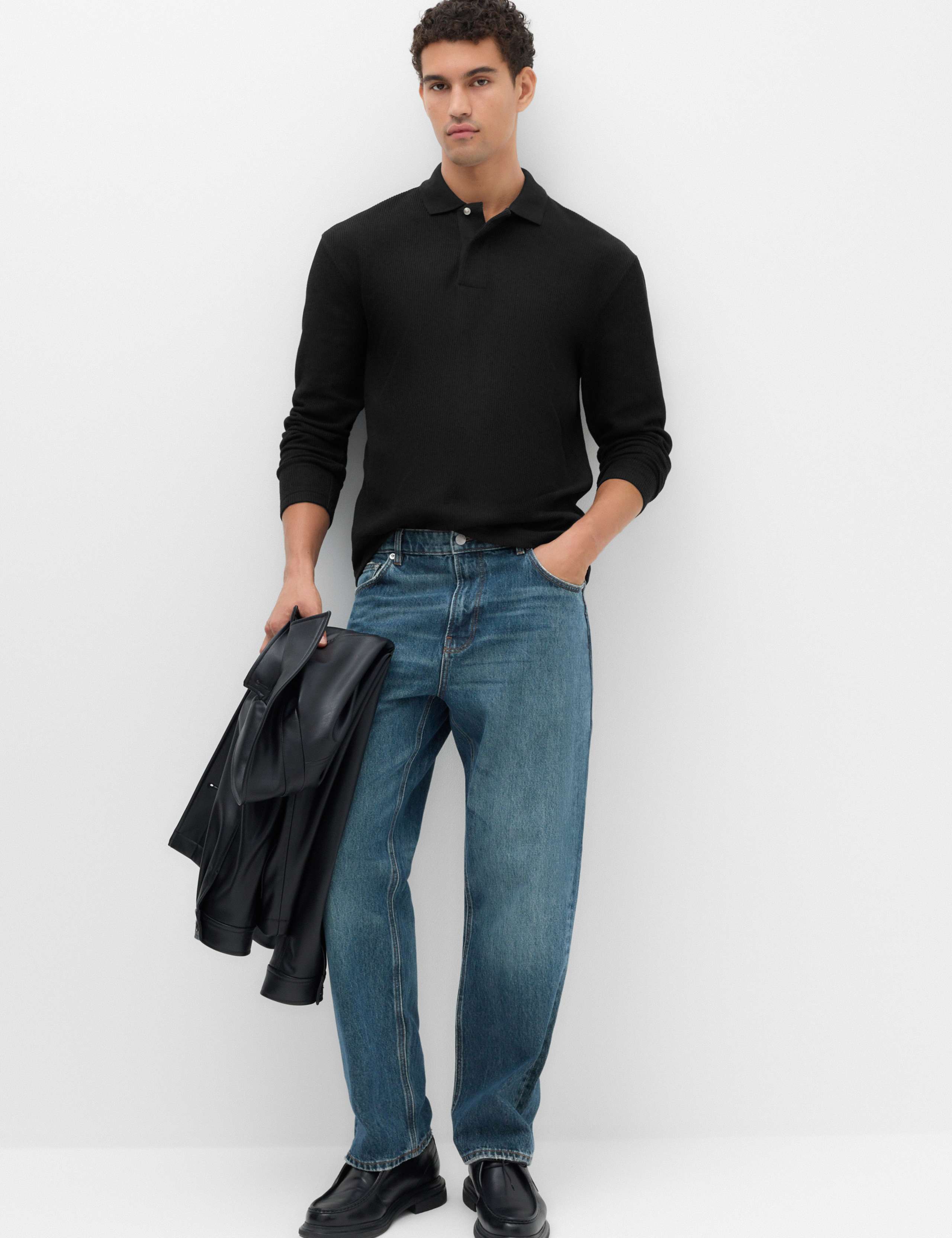 Cotton Blend Ribbed Long Sleeve Polo Shirt 6 of 6