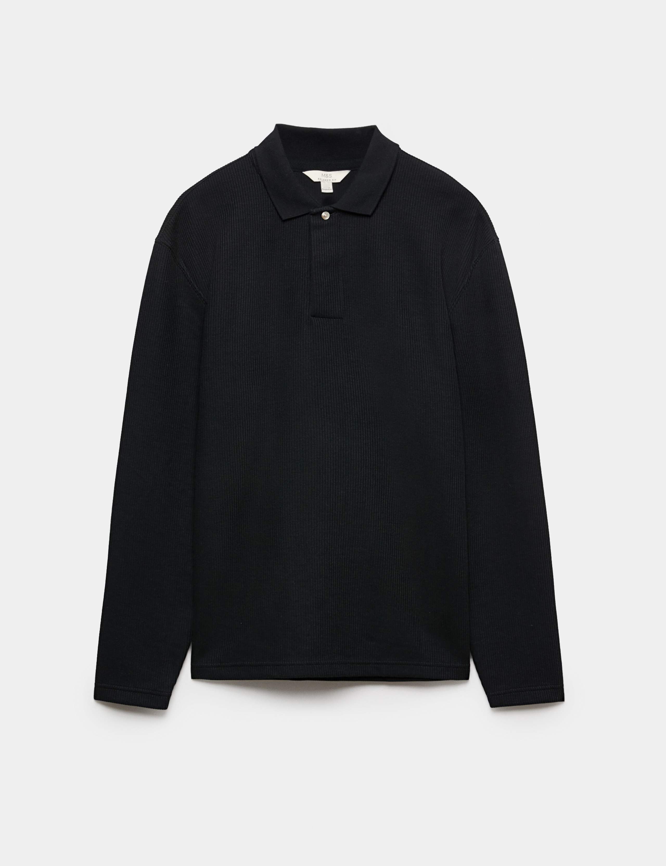 Cotton Blend Ribbed Long Sleeve Polo Shirt 2 of 6
