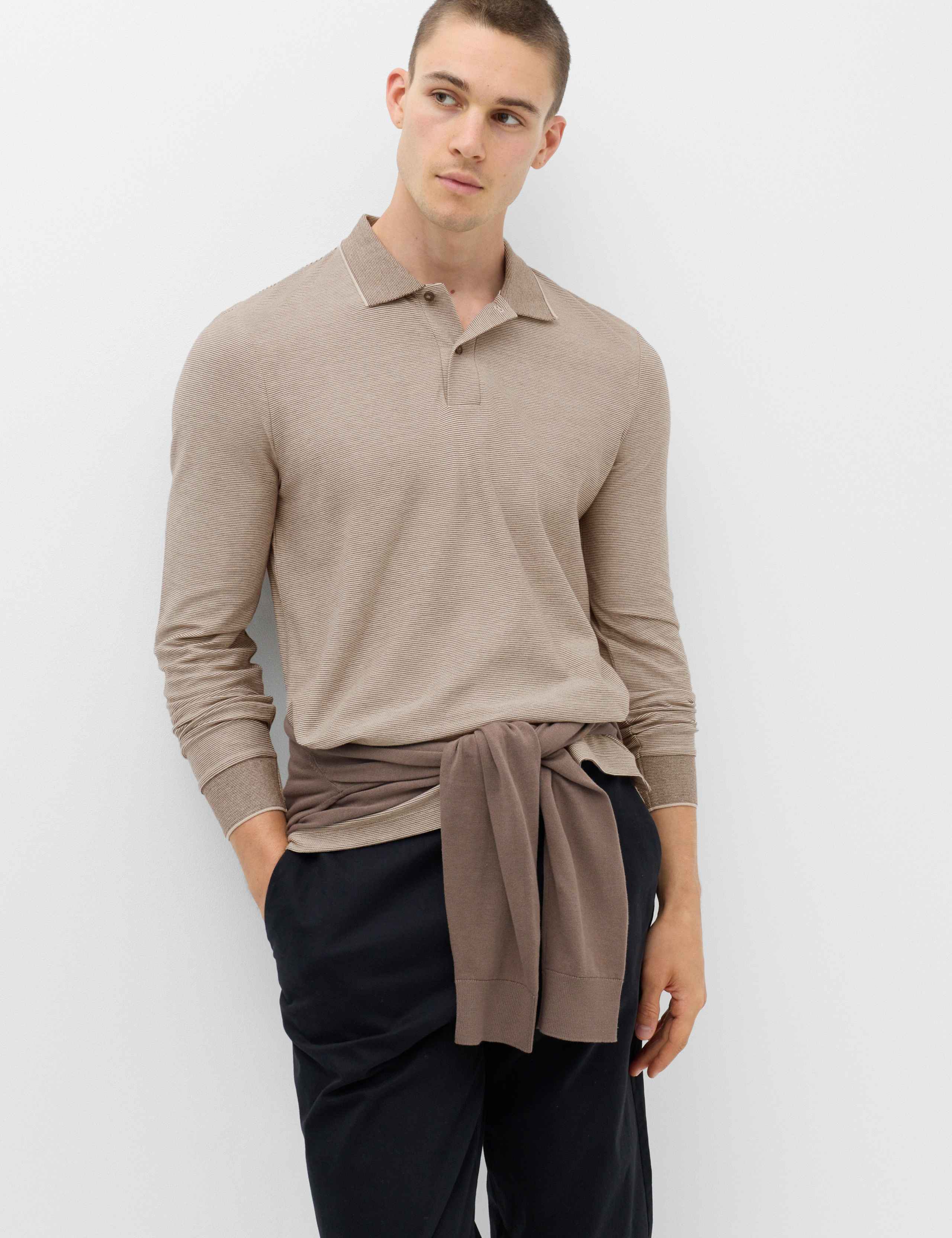 Cotton Rich Striped Long Sleeve Polo Shirt 1 of 5