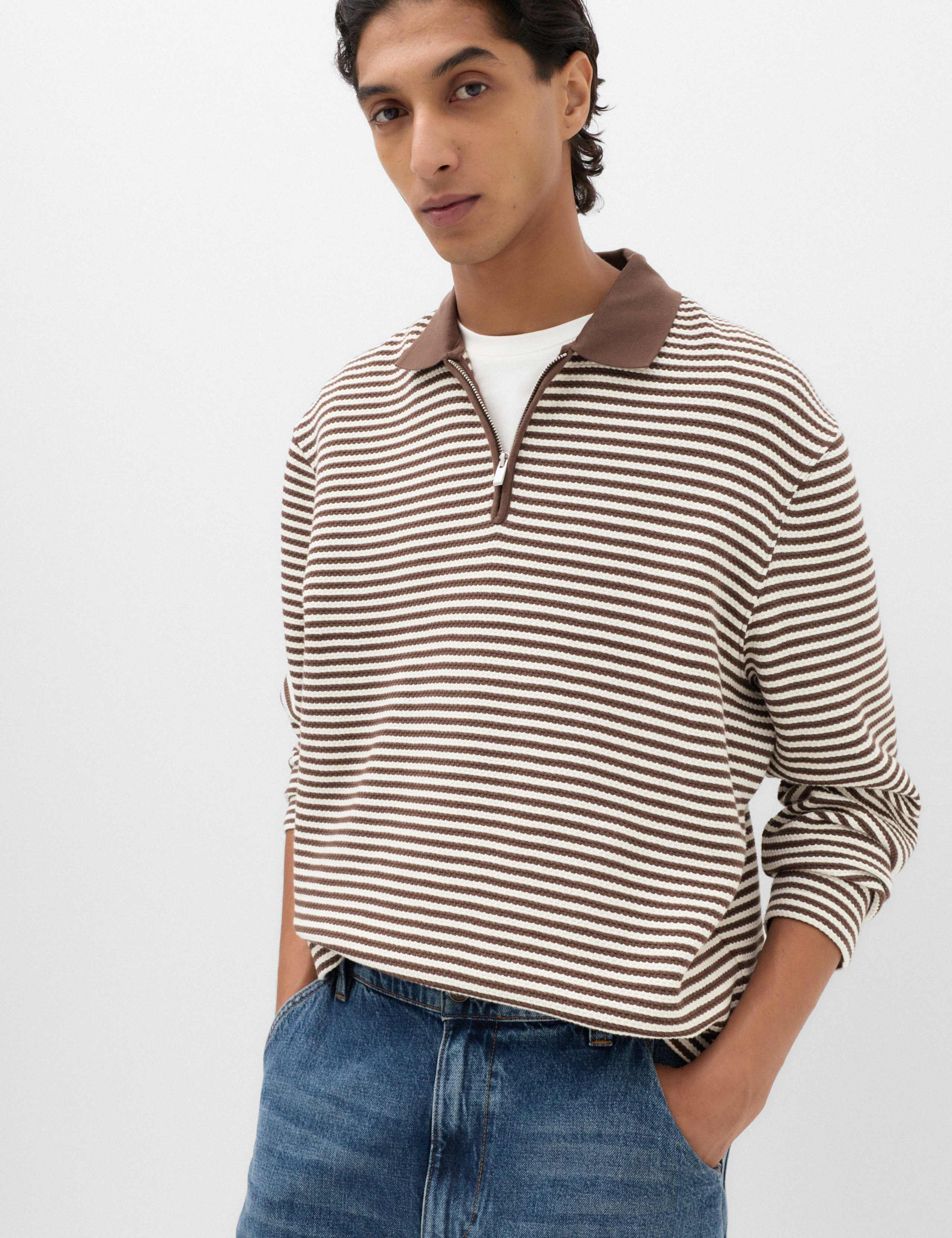 Pure Cotton Half Zip Striped Polo Shirt 1 of 5