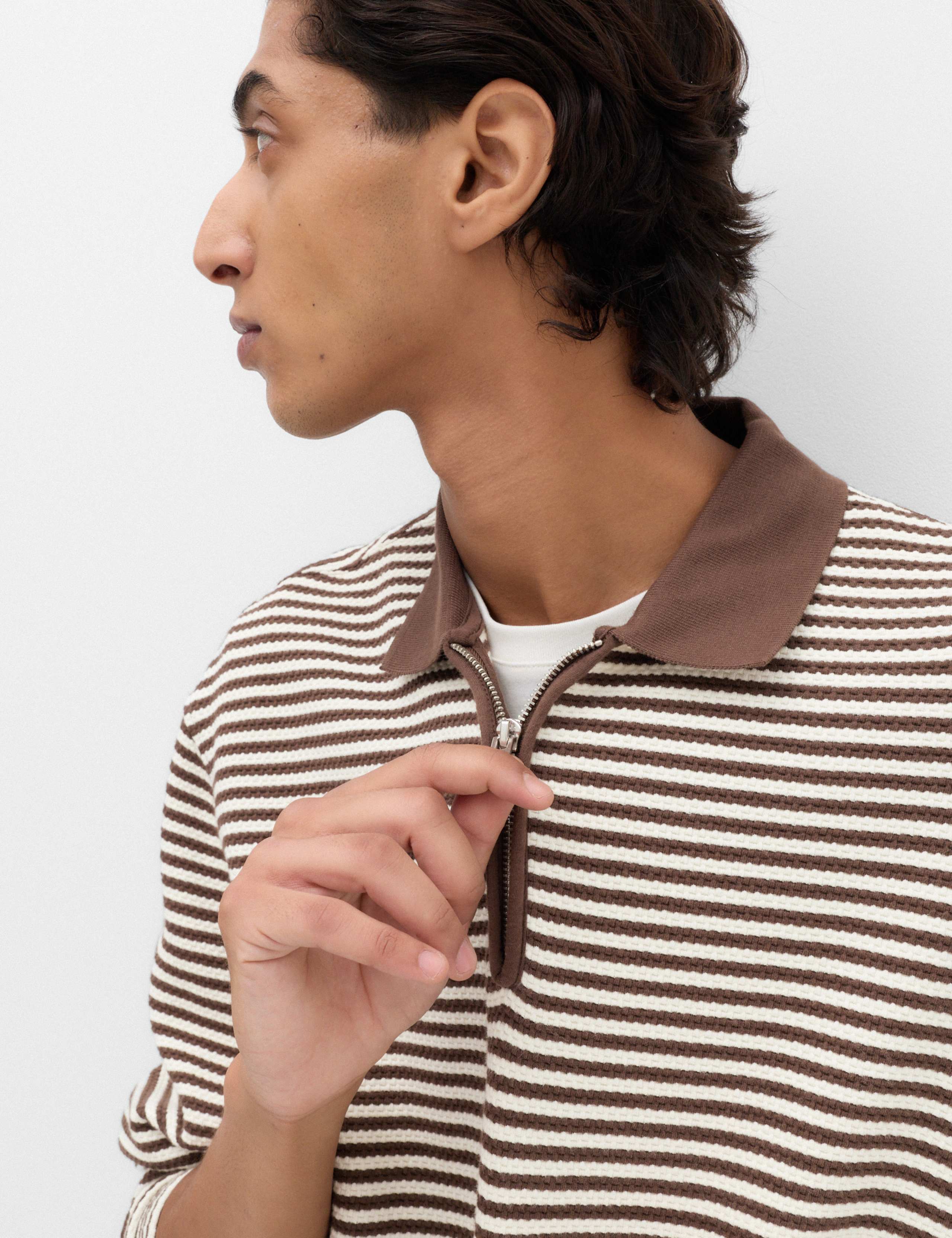 Pure Cotton Half Zip Striped Polo Shirt 3 of 5