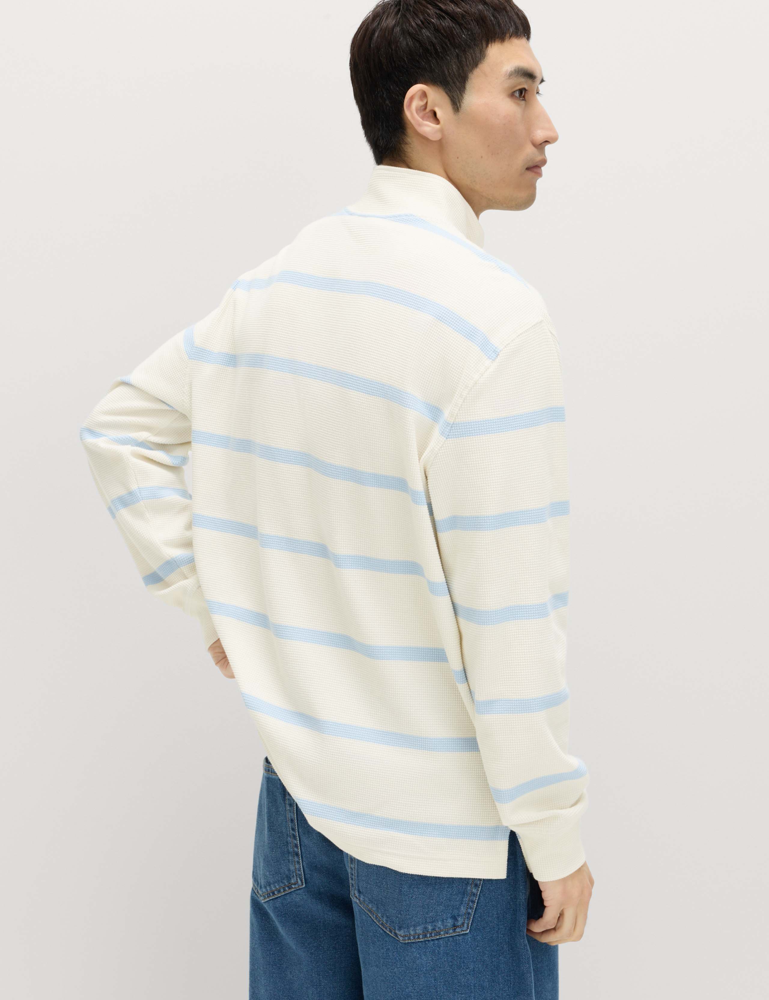 Cotton Rich Waffle Striped Half Zip Sweatshirt 4 of 6