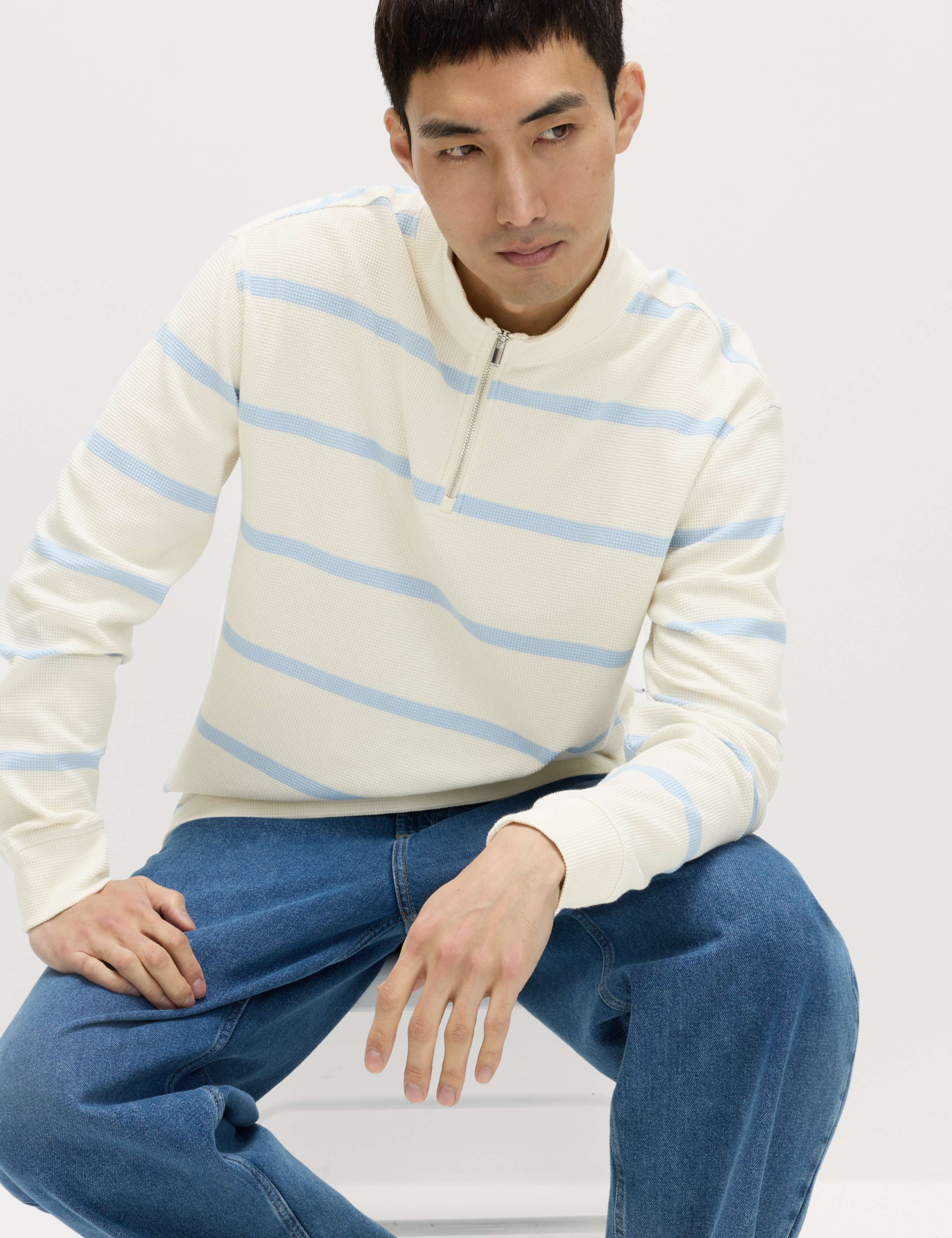 Cotton Rich Waffle Striped Half Zip Sweatshirt 6 of 6