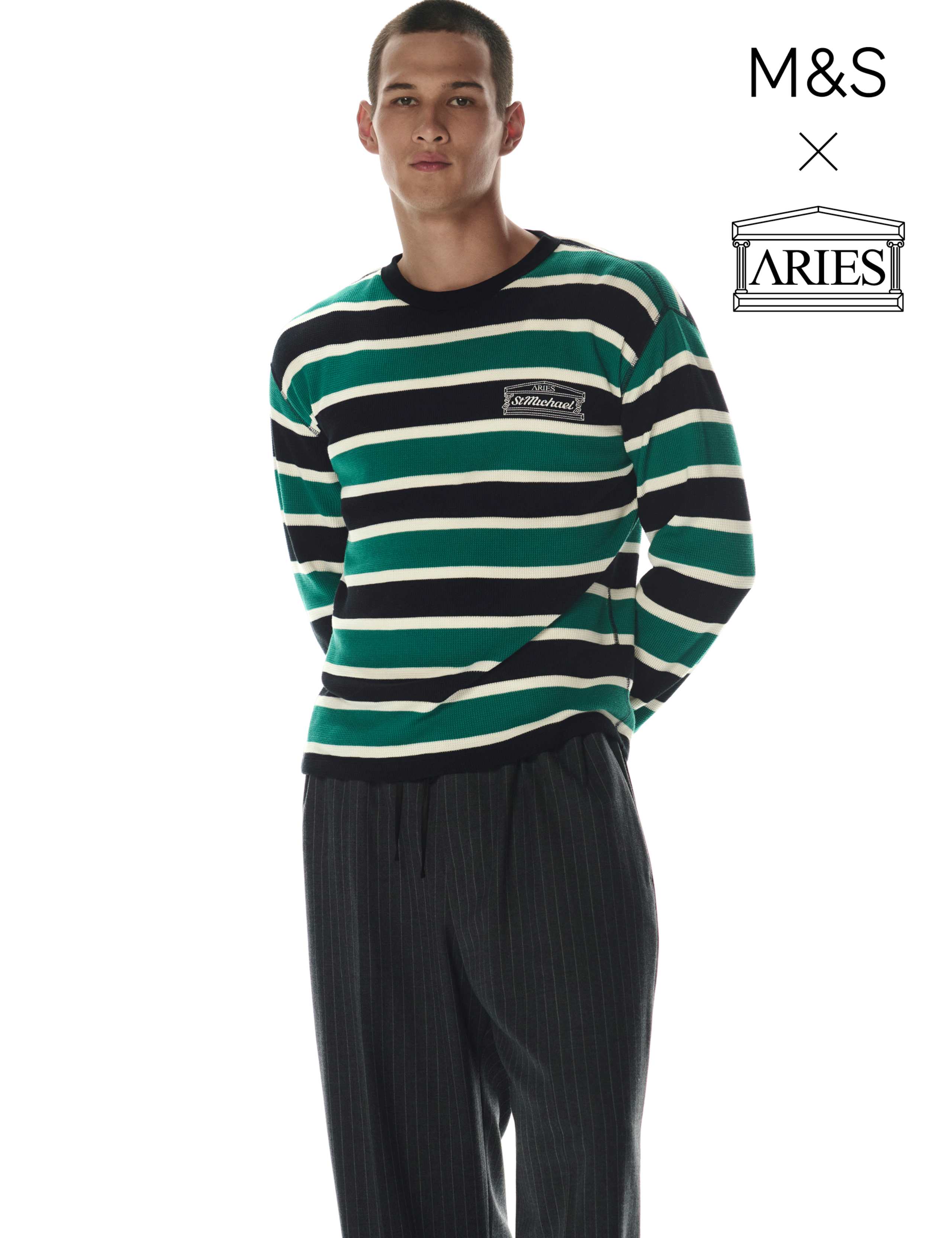 Pure Cotton Waffle Stripe Long Sleeve T-Shirt 1 of 2