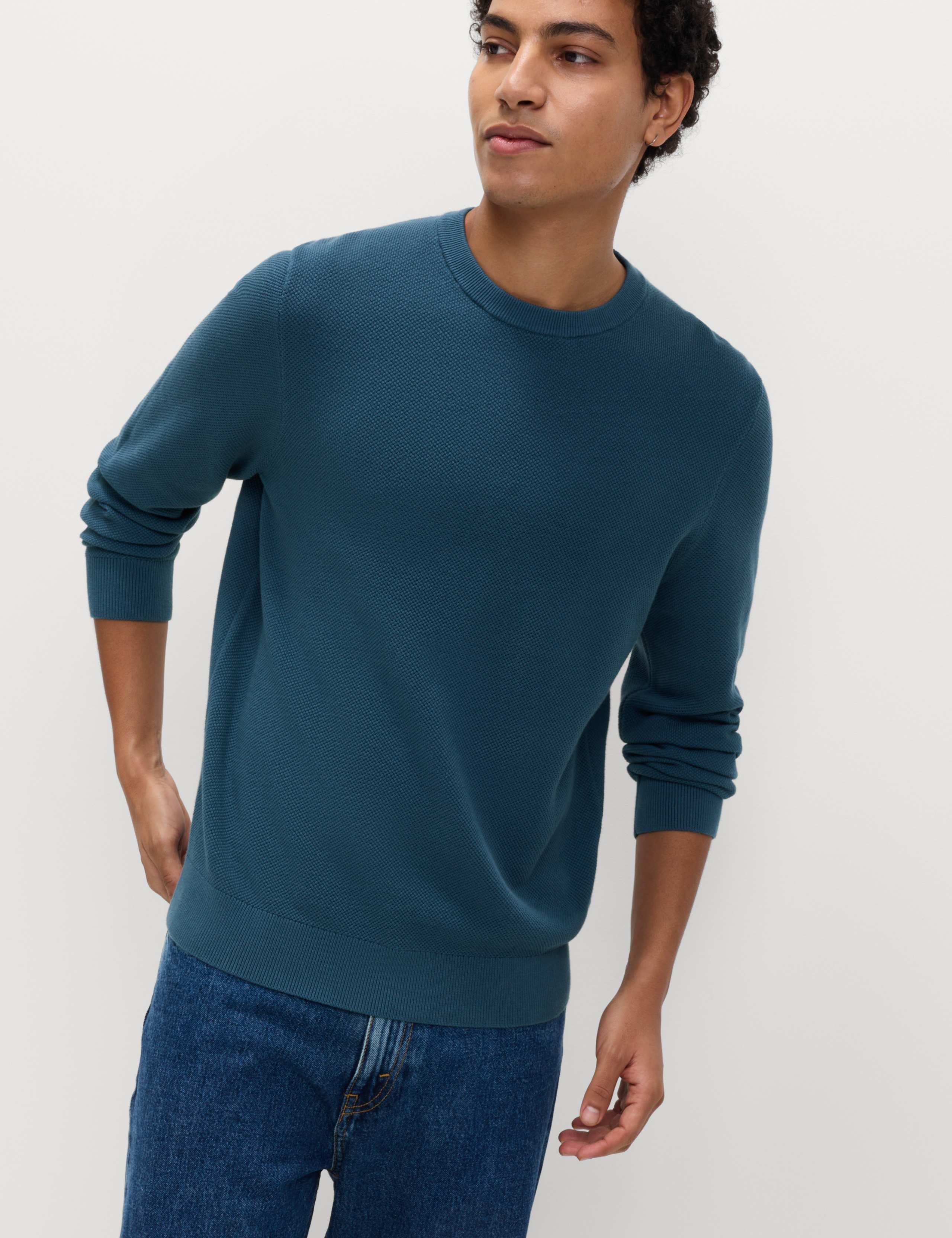 Pure Cotton Textured Crew Neck Jumper 3 of 6