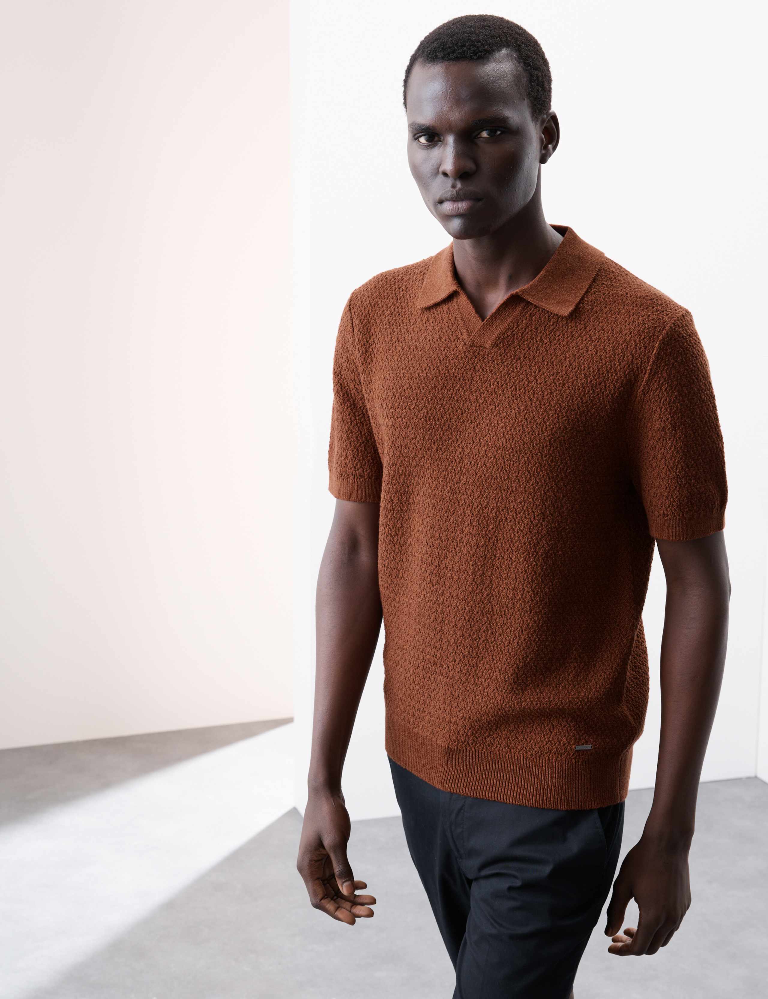 Linen Rich Knitted Open Neck Polo Shirt 1 of 7