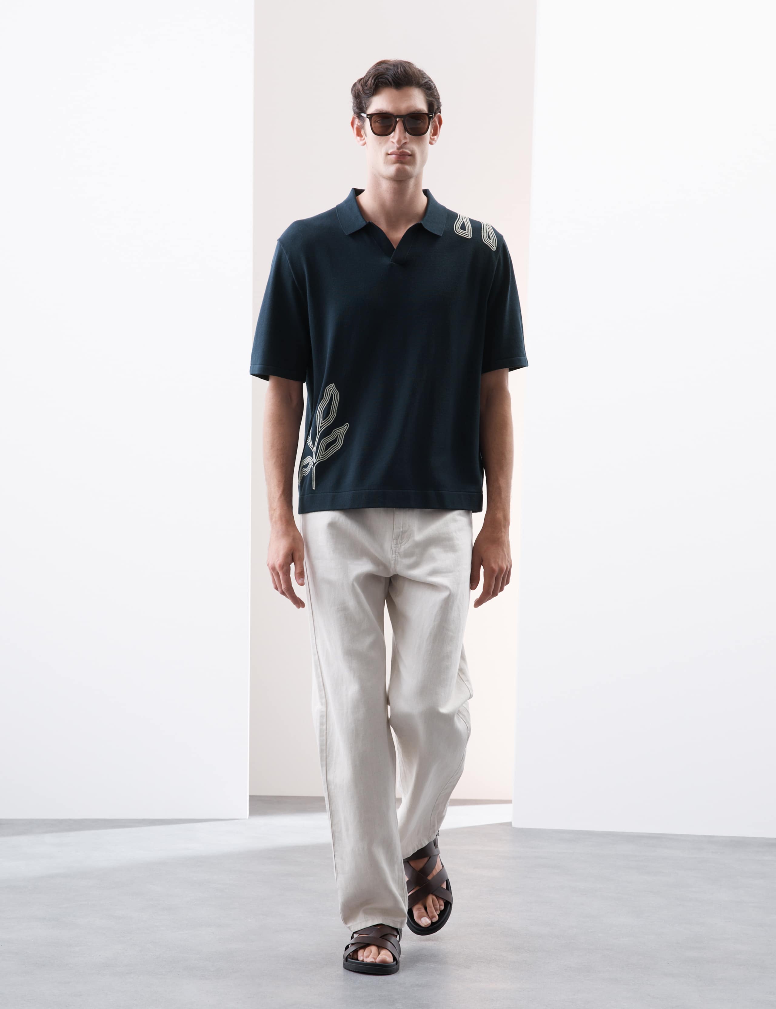 Embroidered Open Neck Knitted Polo Shirt 3 of 7