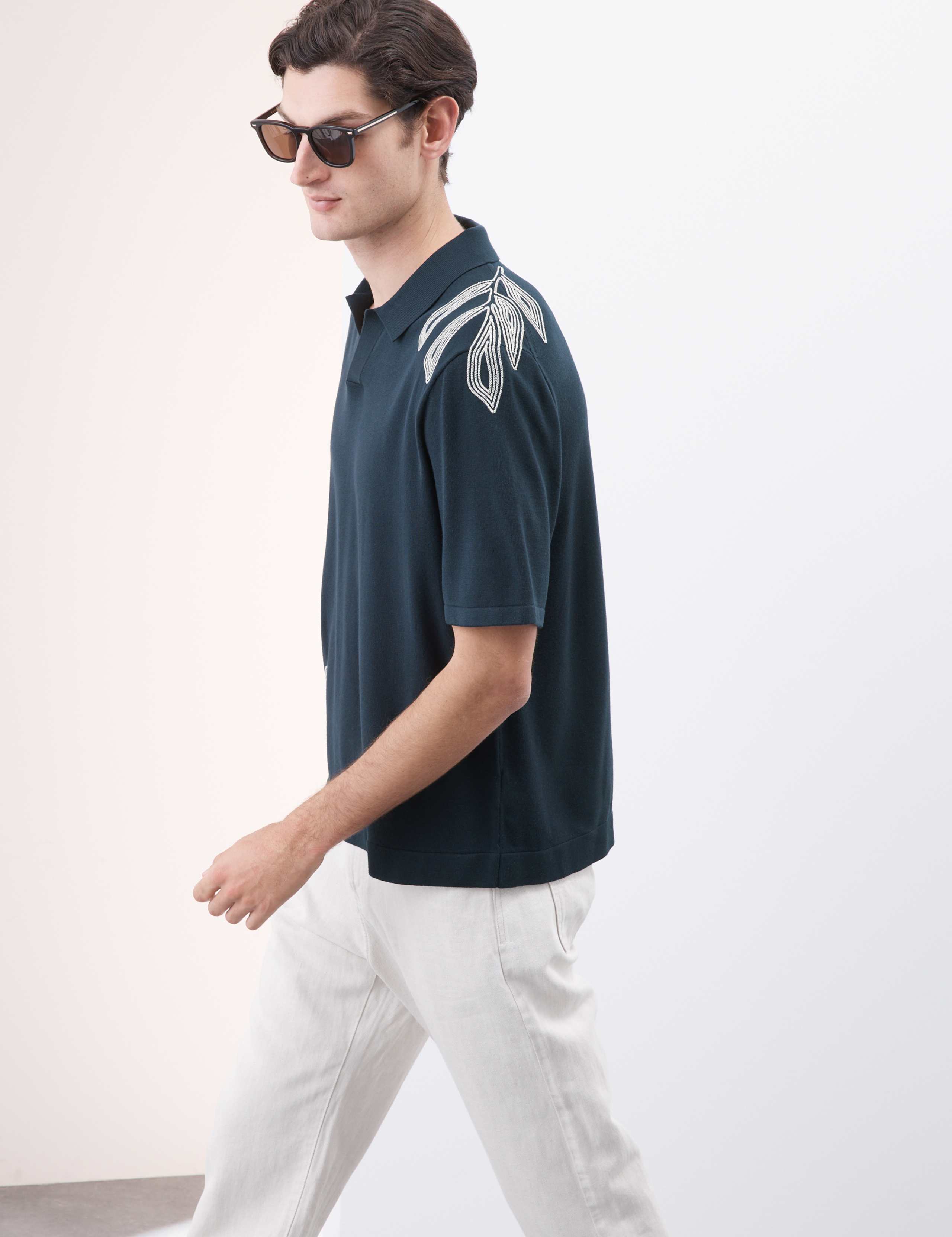 Embroidered Open Neck Knitted Polo Shirt 5 of 7
