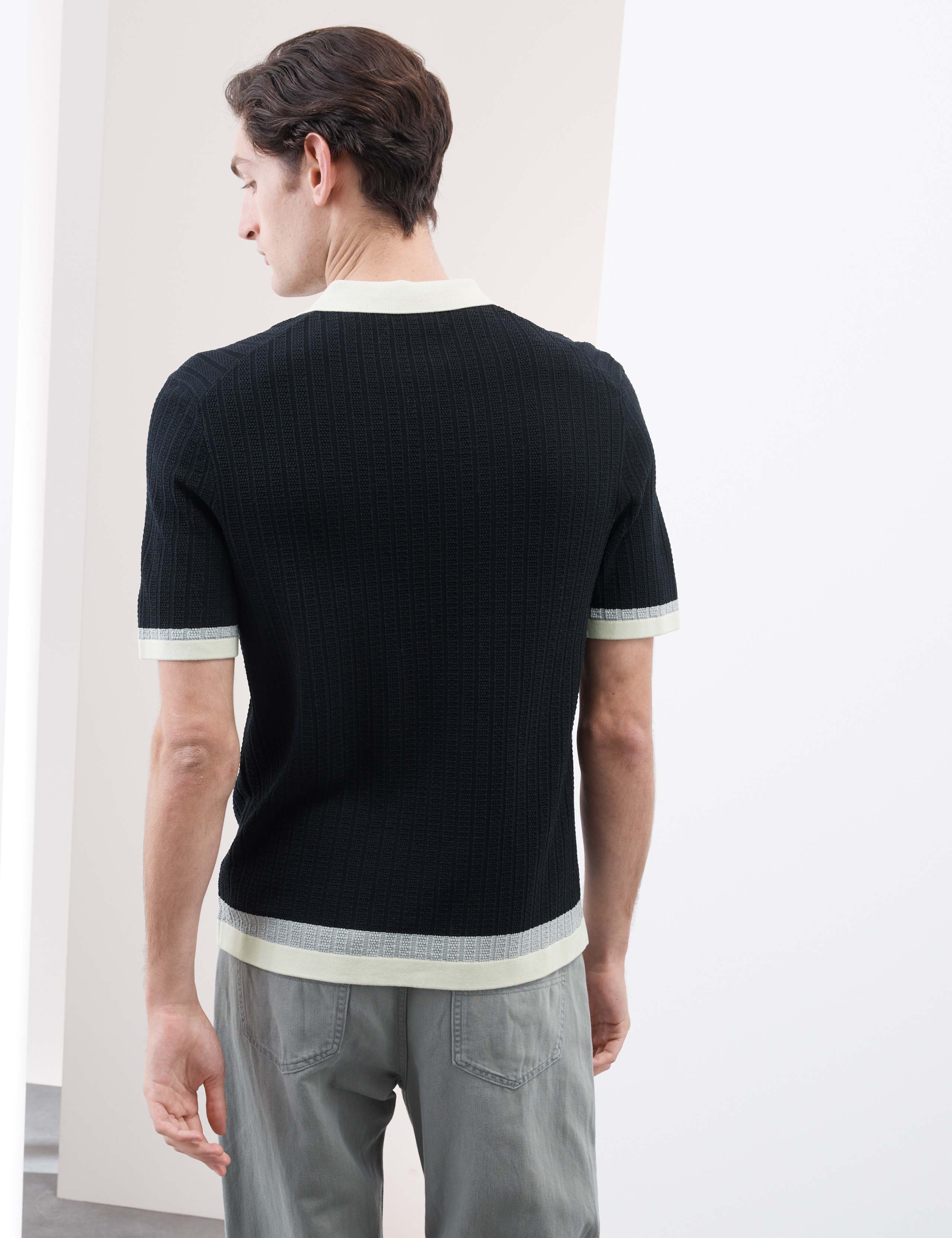 Mercerised Cotton Colour Block Knitted Polo Shirt 6 of 6