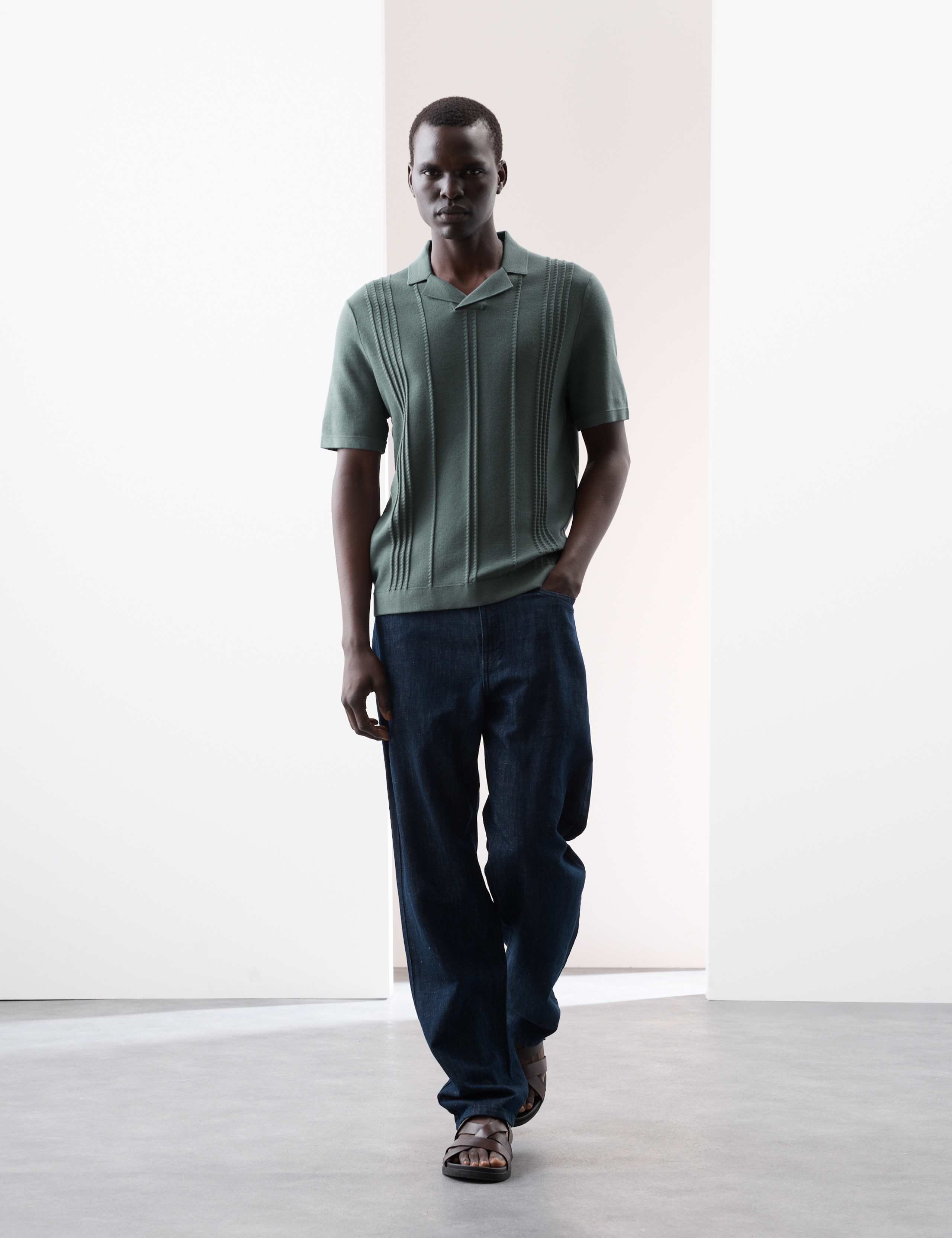Pointelle Open Neck Knitted Polo Shirt 3 of 7