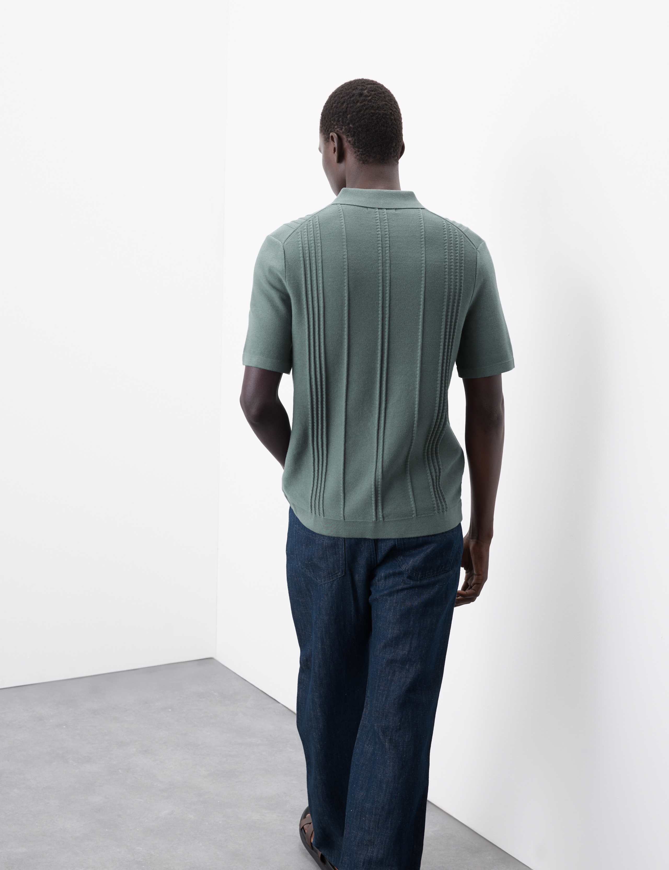 Pointelle Open Neck Knitted Polo Shirt 5 of 7