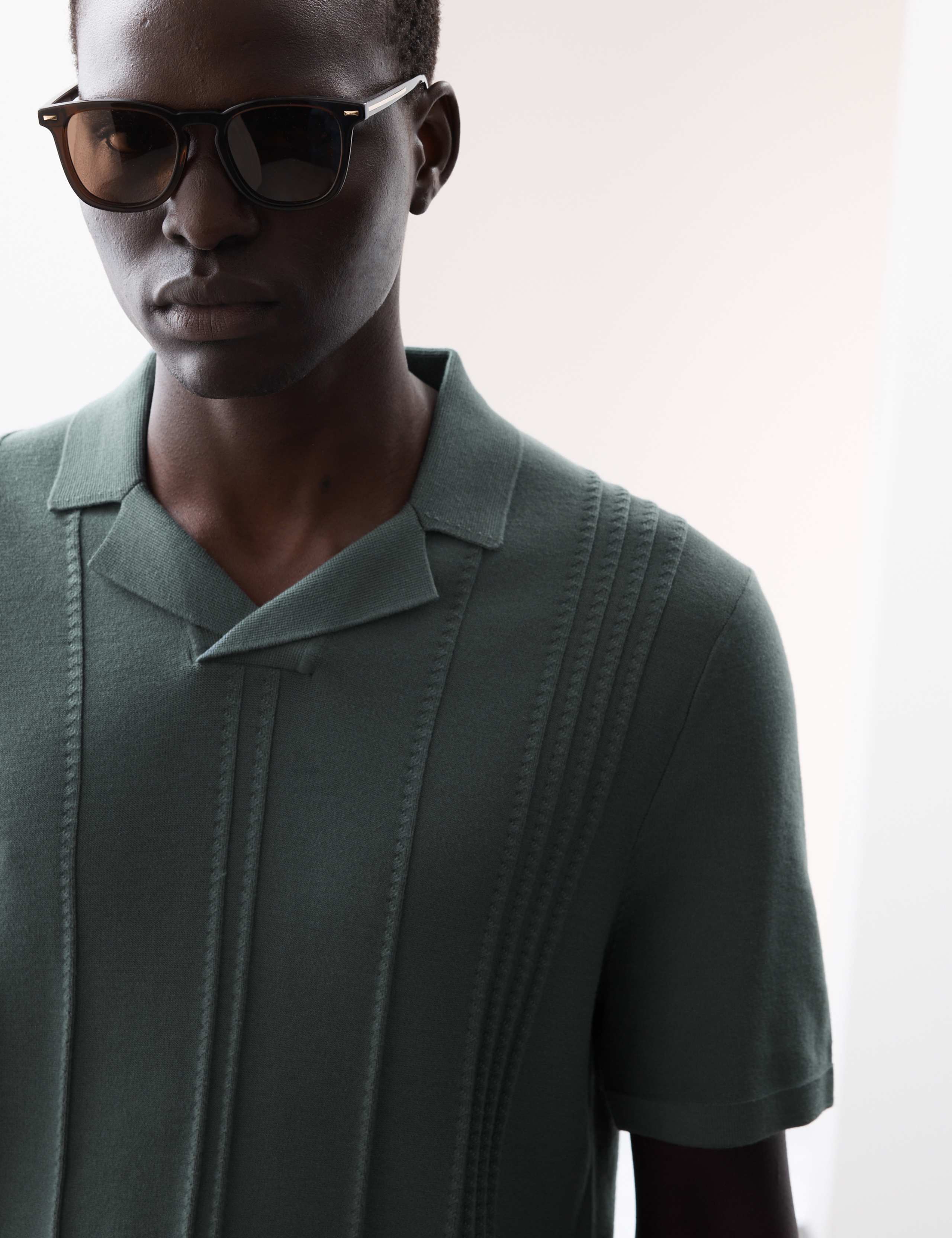 Pointelle Open Neck Knitted Polo Shirt 6 of 7