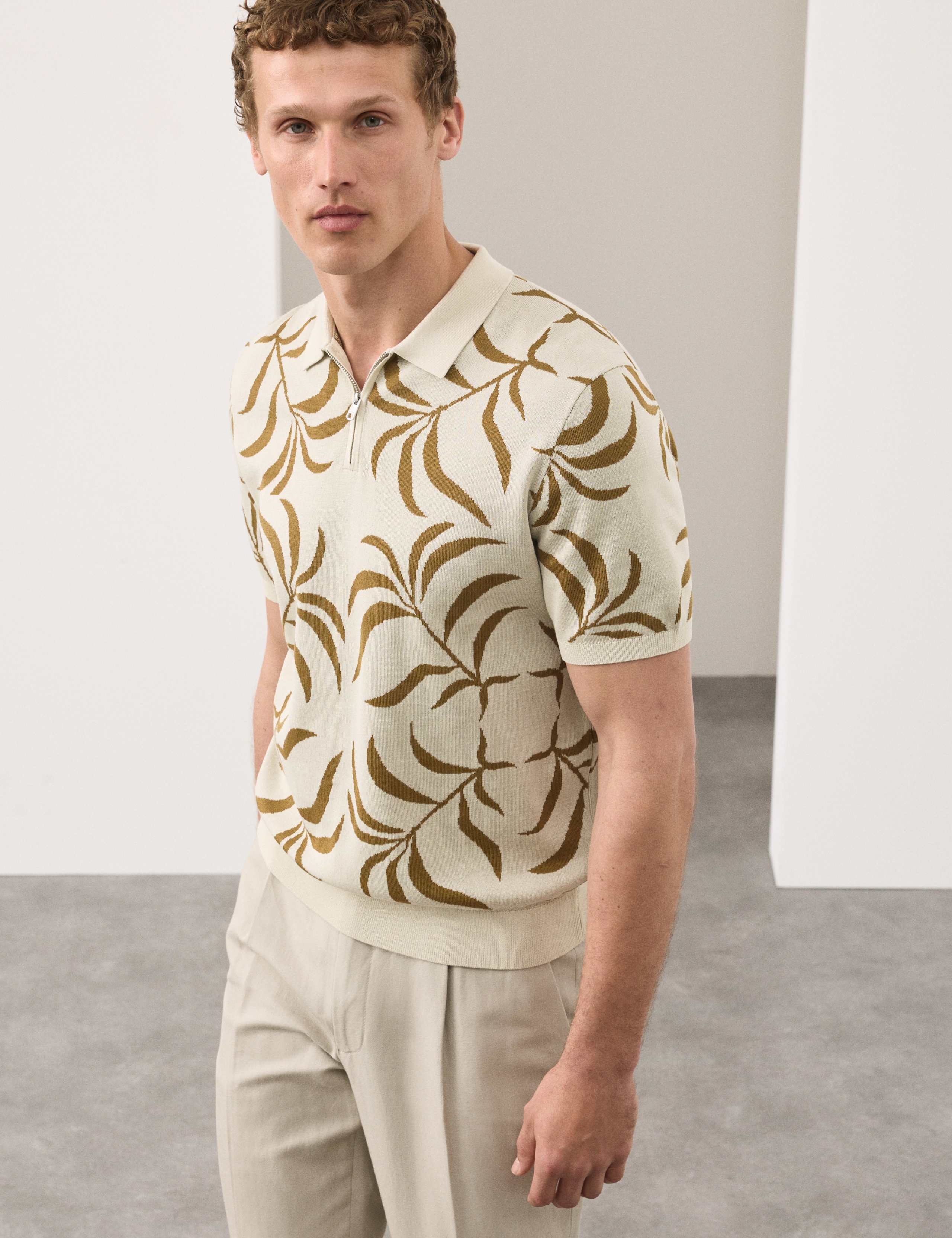 Mercerised Cotton Half Zip Knitted Polo Shirt 1 of 6