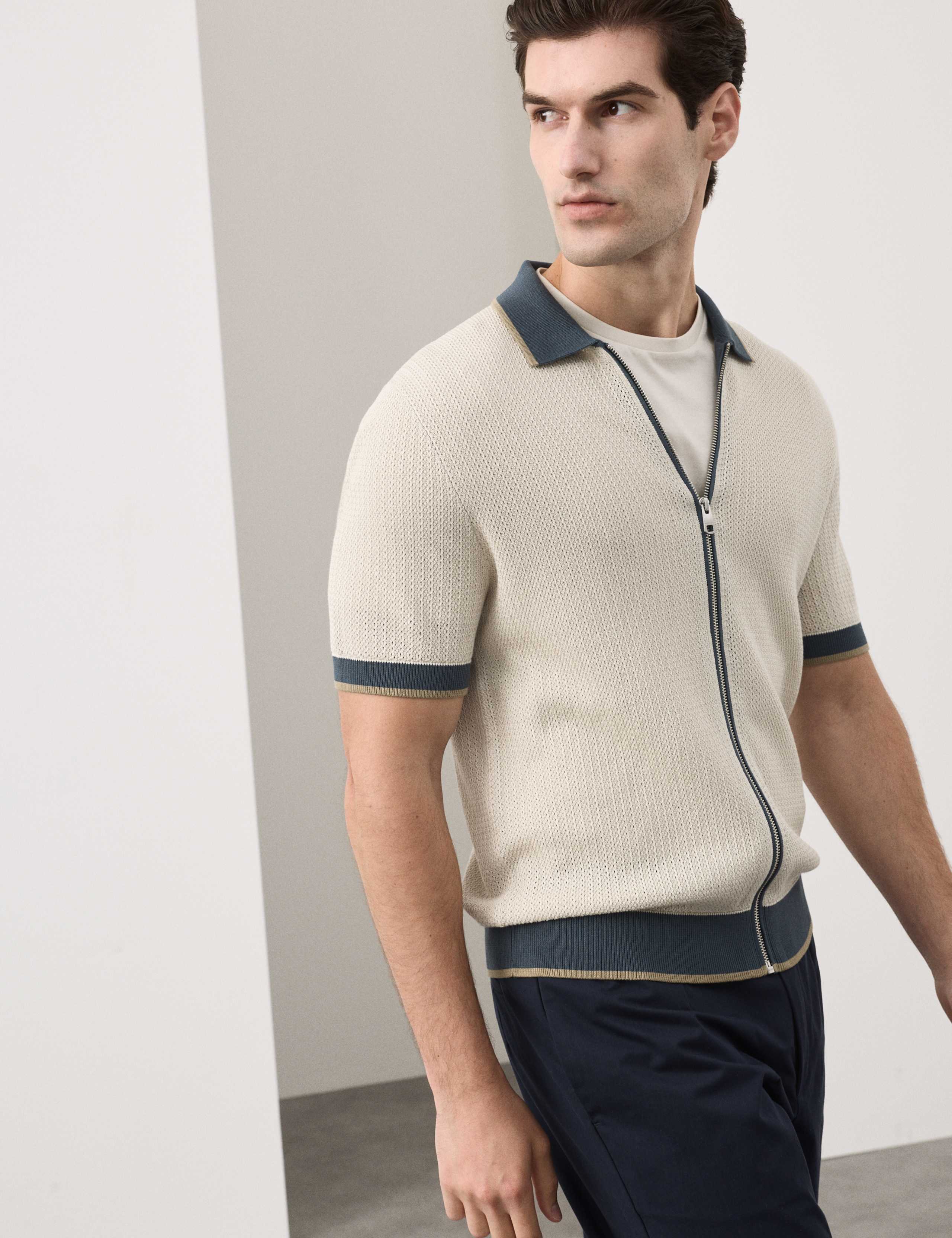 Pure Cotton Linear Stitch Zip Knitted Polo 1 of 5