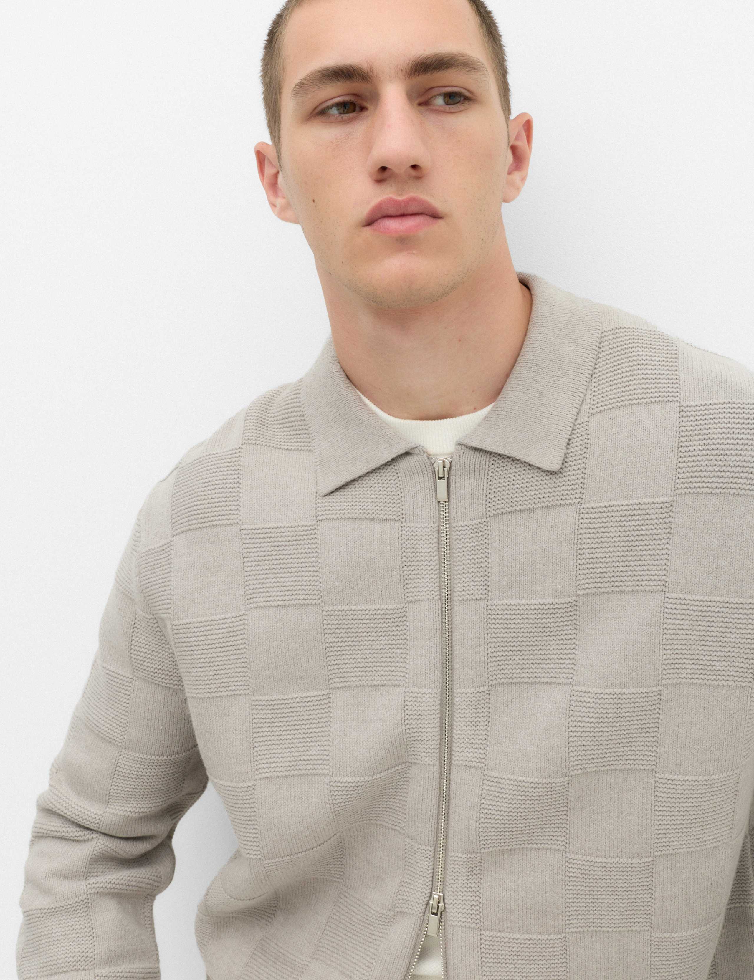 Cotton Rich Checked Zip Up Knitted Jacket 3 of 6