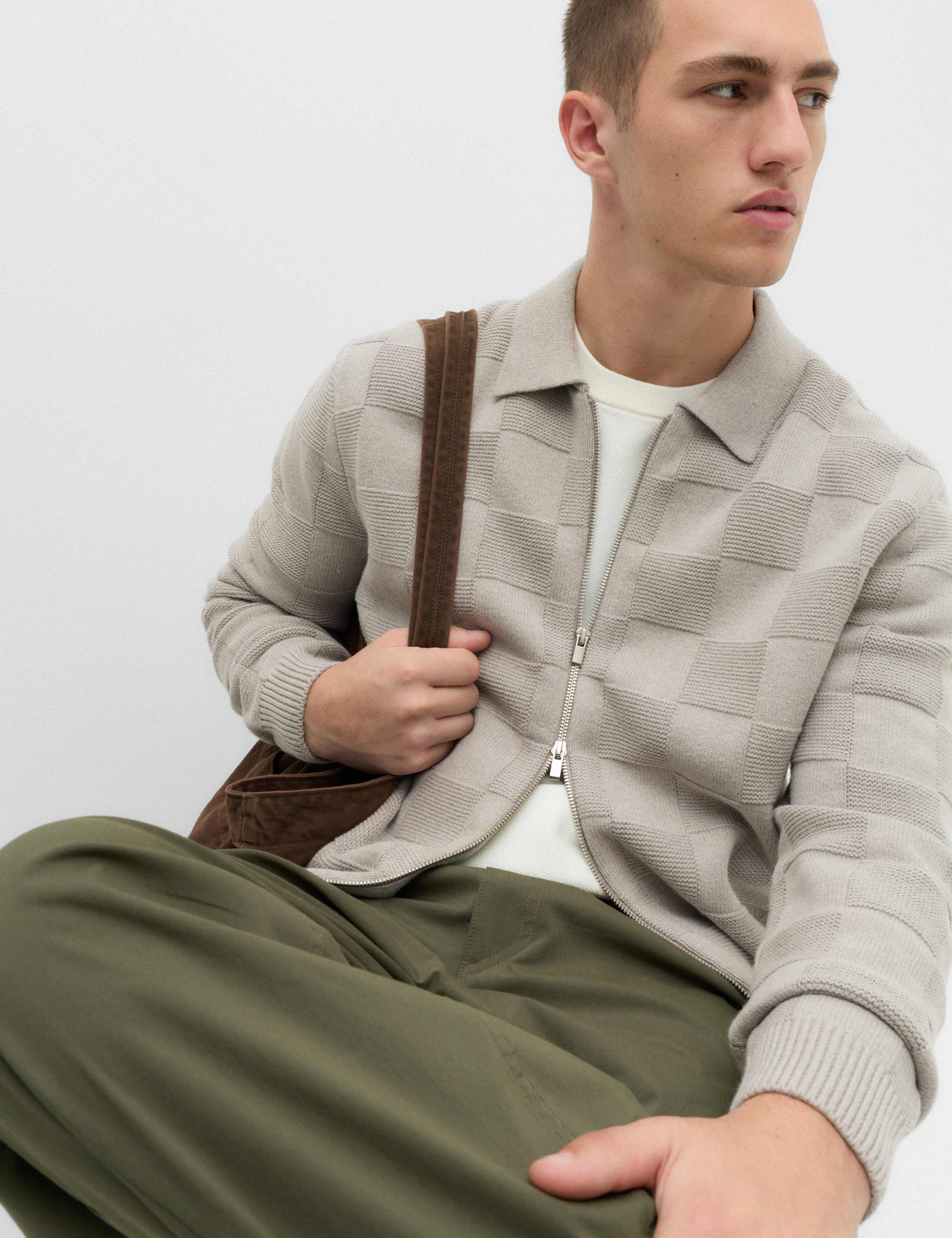Cotton Rich Checked Zip Up Knitted Jacket 6 of 6