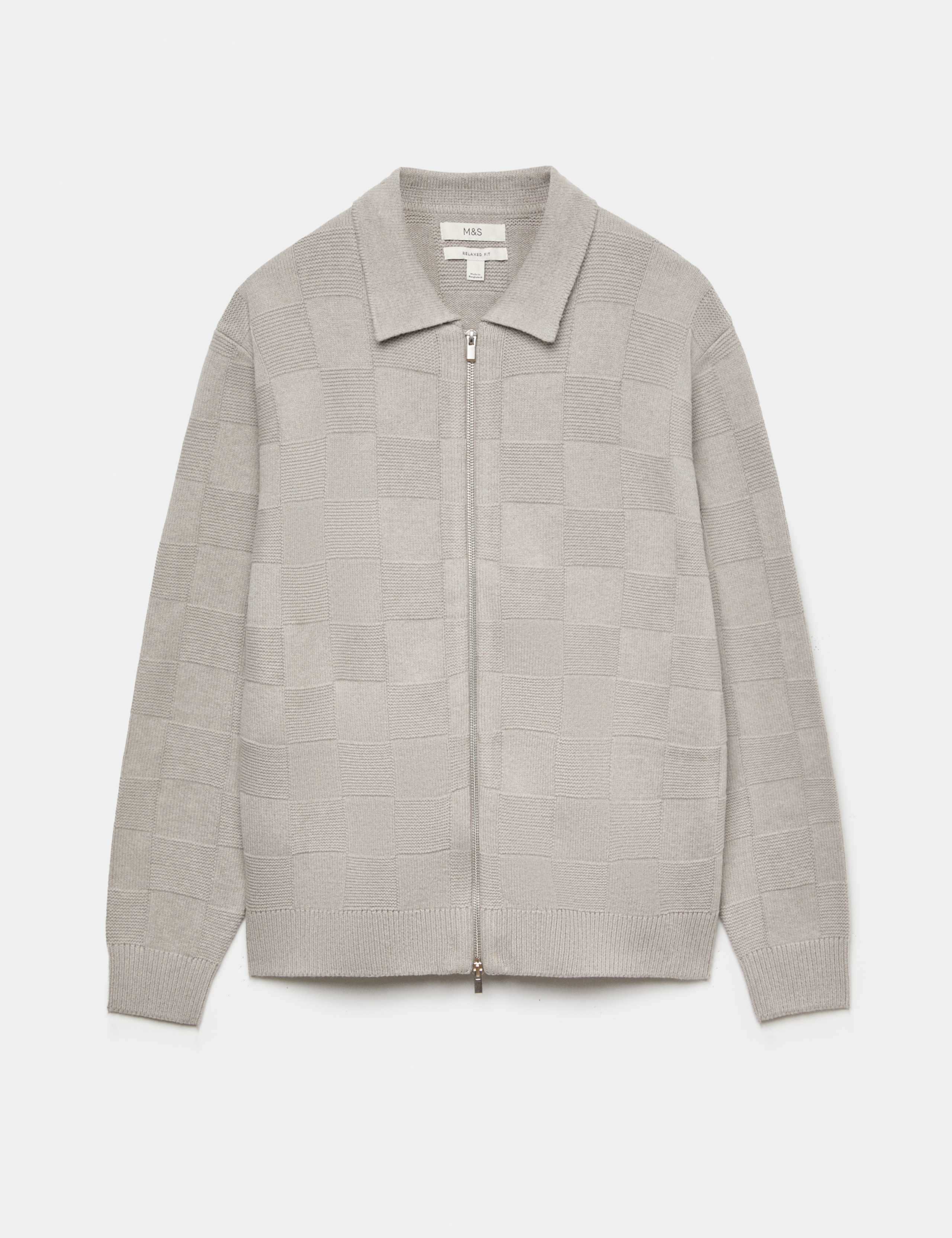 Cotton Rich Checked Zip Up Knitted Jacket 2 of 6