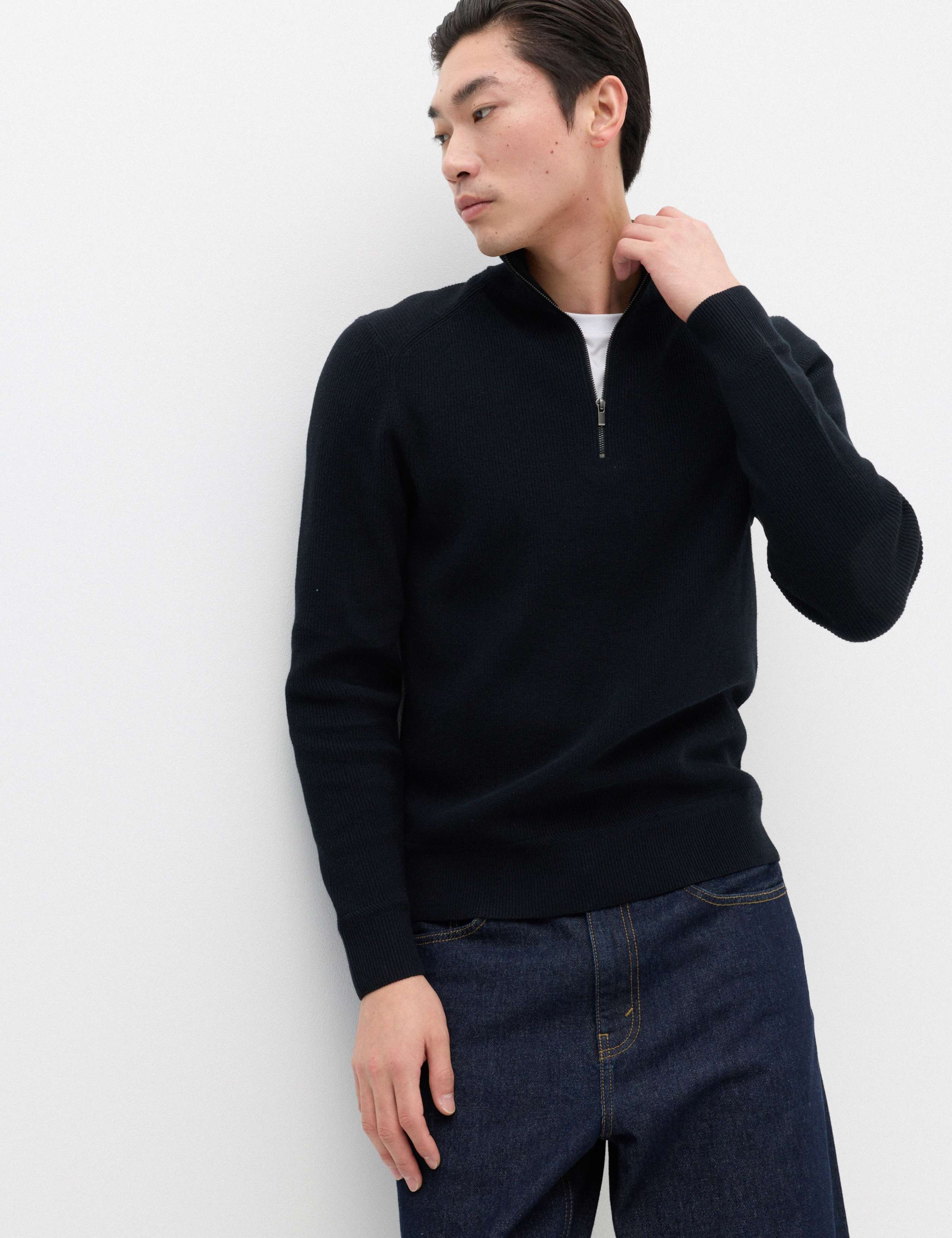 Cotton Blend Ribbed Half Zip Jumper 1 of 6