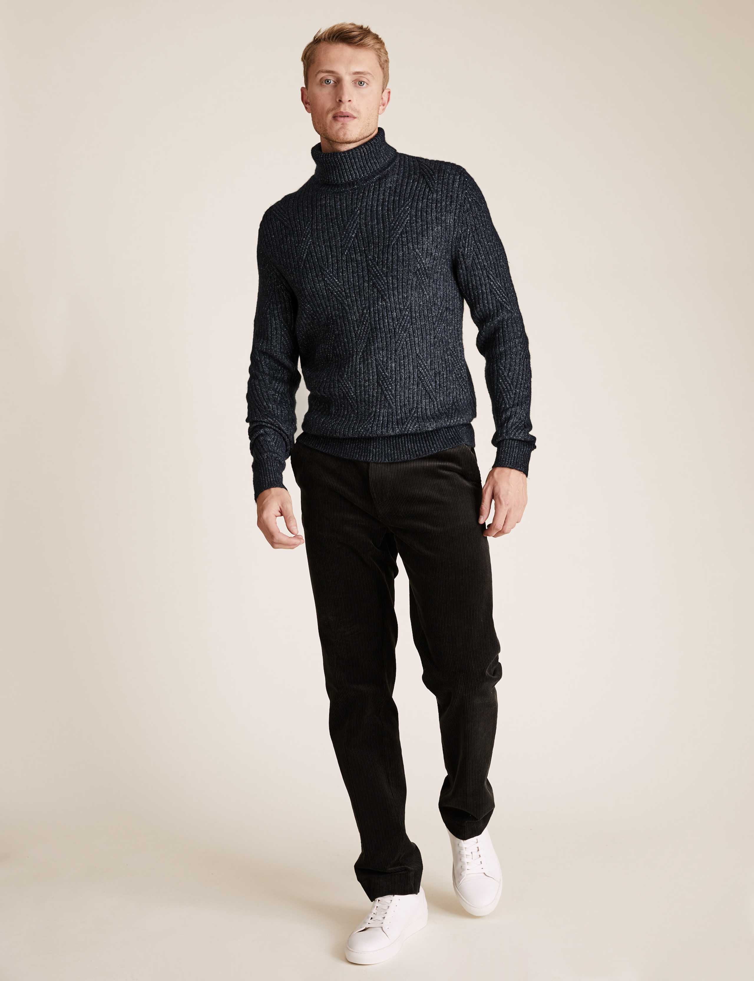 Chunky Cable Roll Neck Jumper With Wool 3 of 4