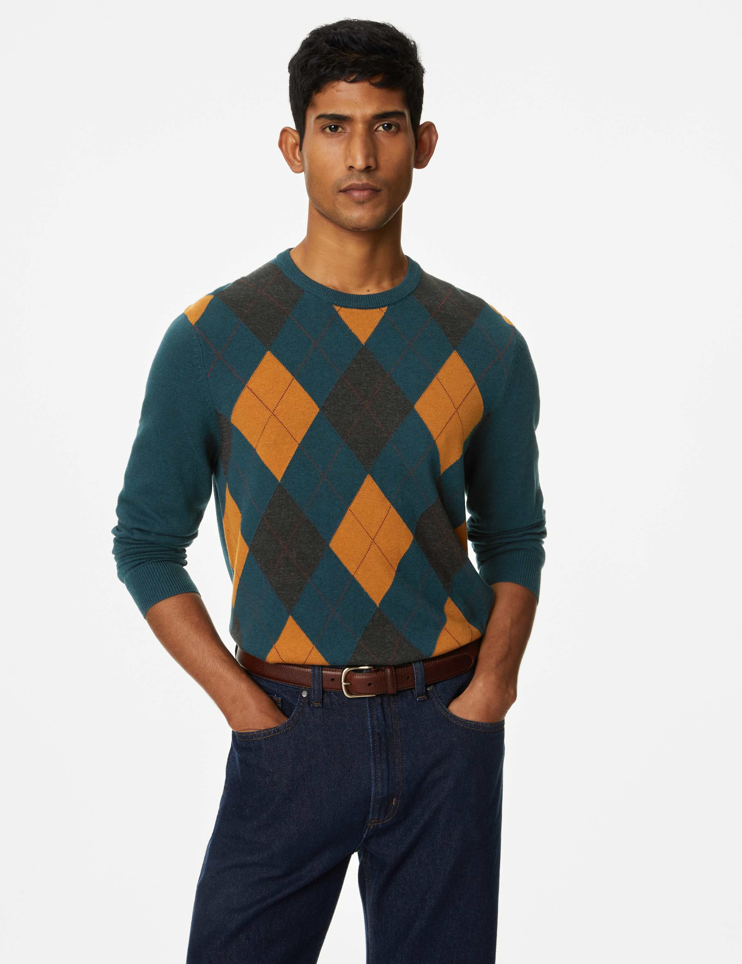 Pure Cotton Argyle Crew Neck Jumper 1 of 6