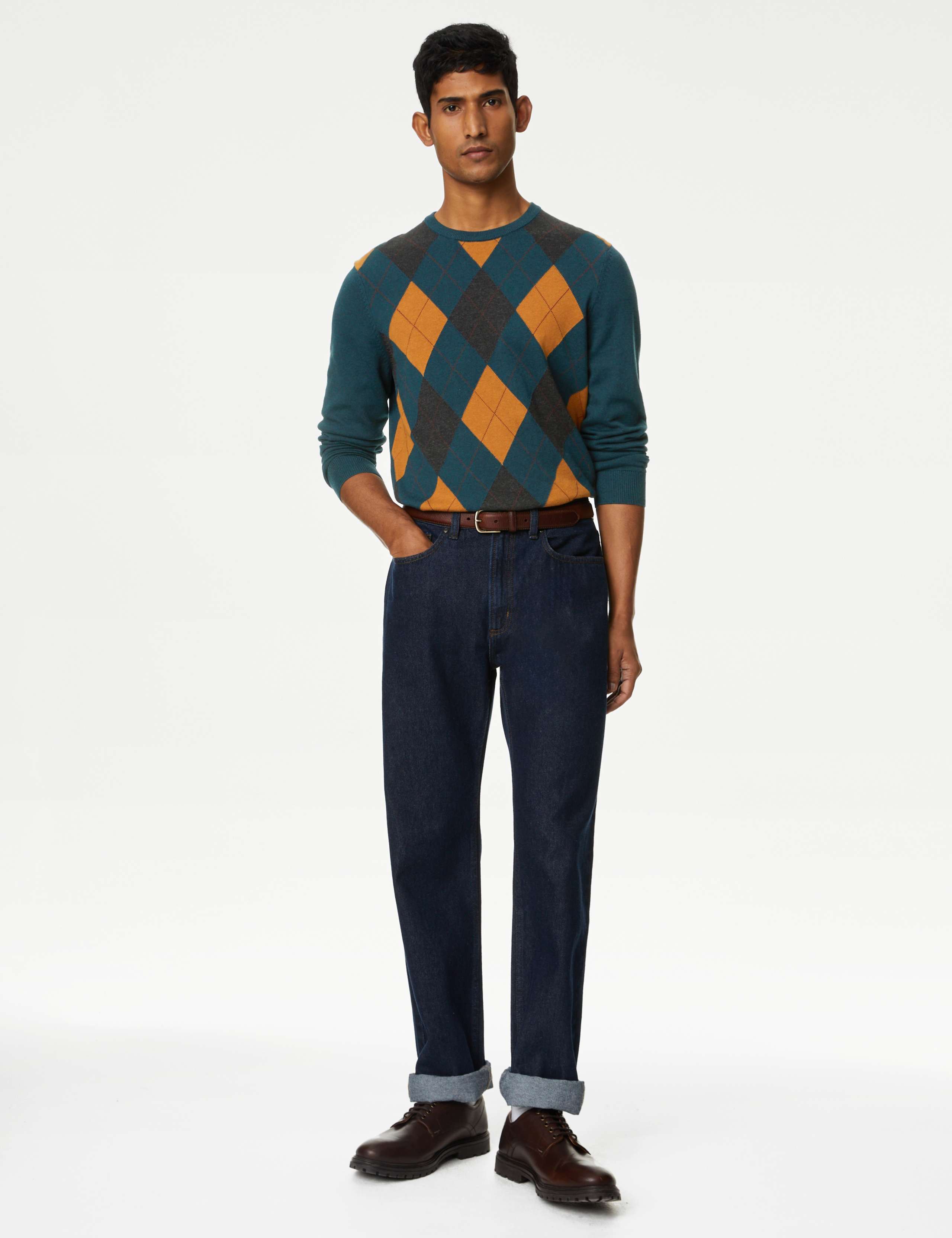 Pure Cotton Argyle Crew Neck Jumper 4 of 6