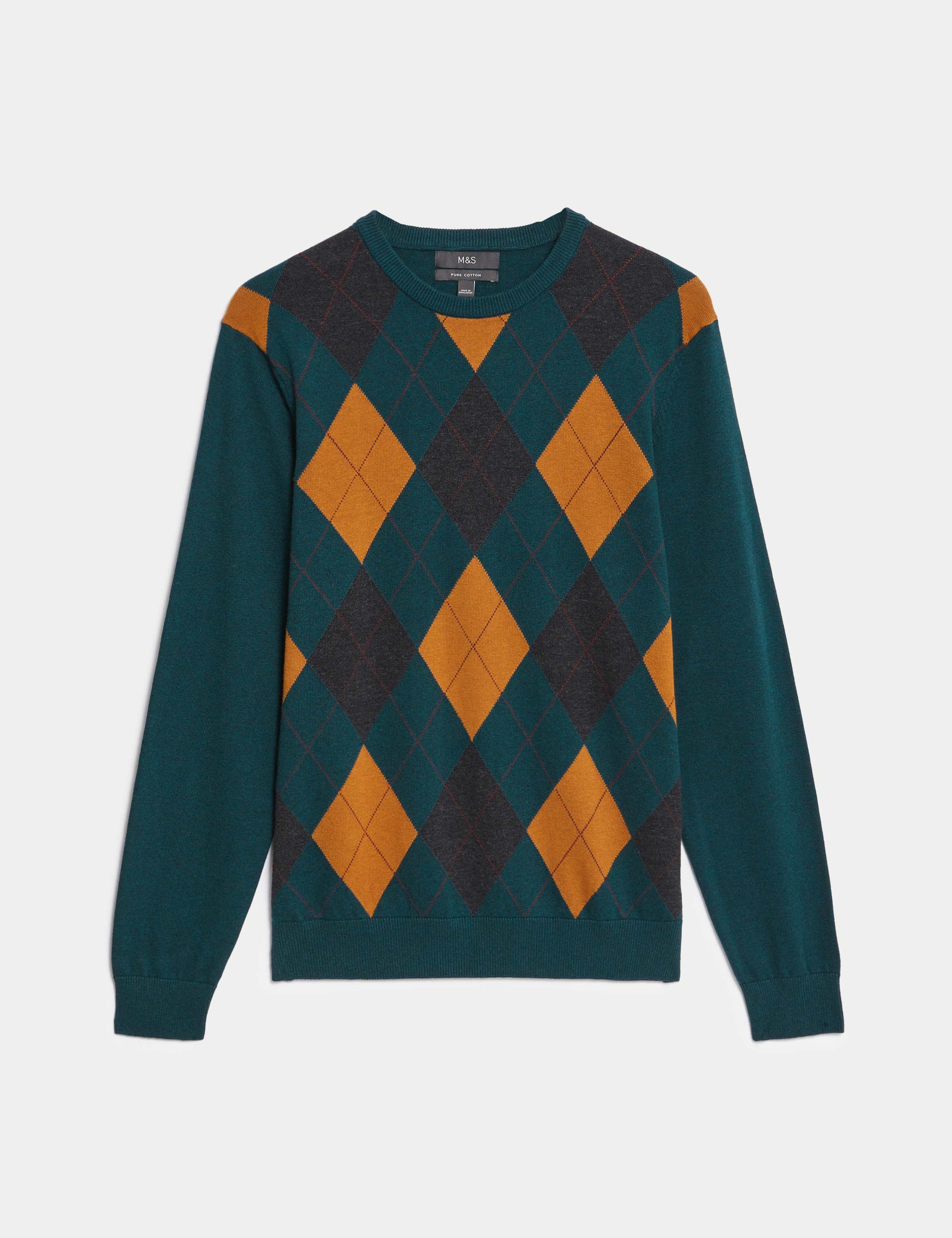 Pure Cotton Argyle Crew Neck Jumper 2 of 6