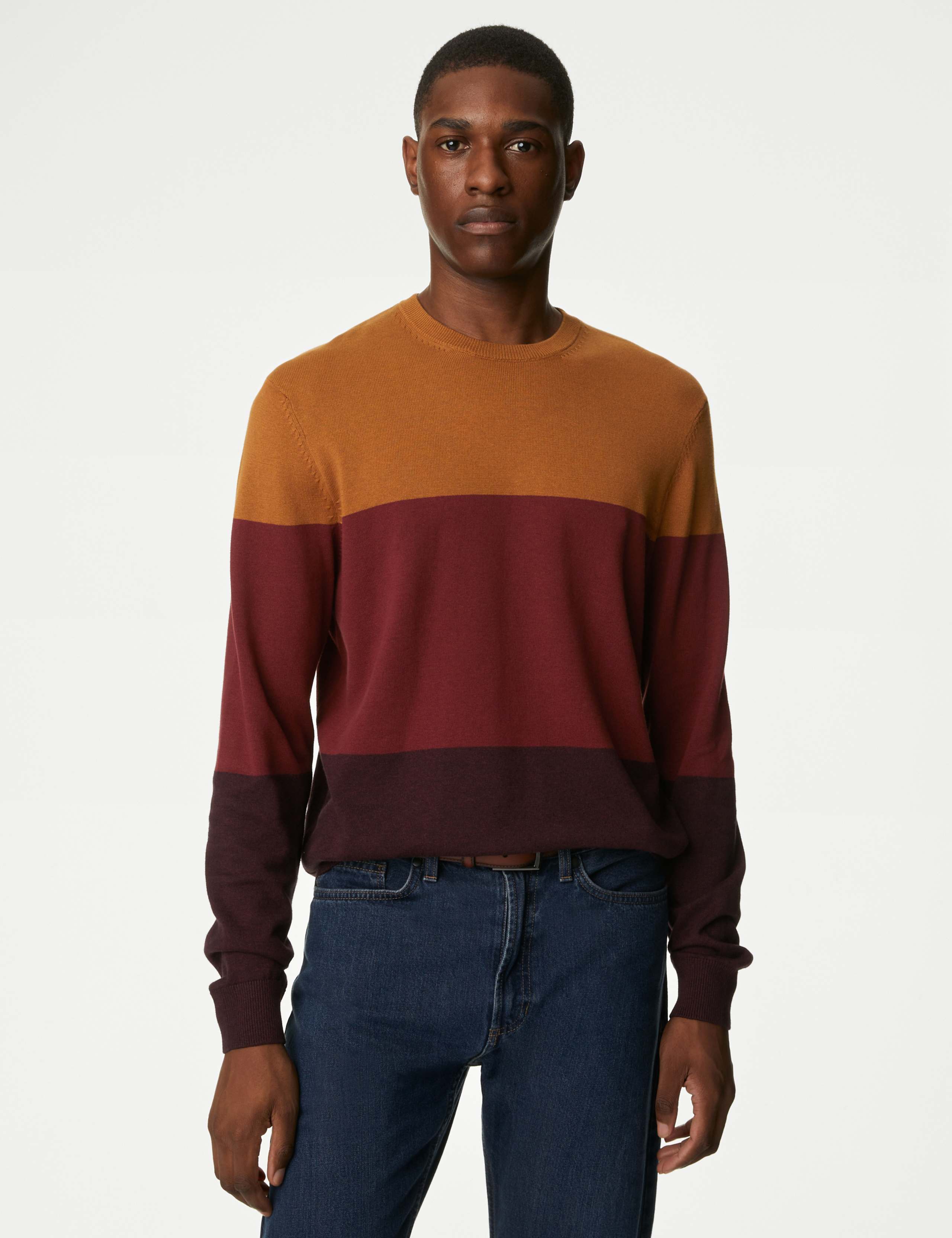 Pure Cotton Colour Block Crew Neck Jumper 1 of 6