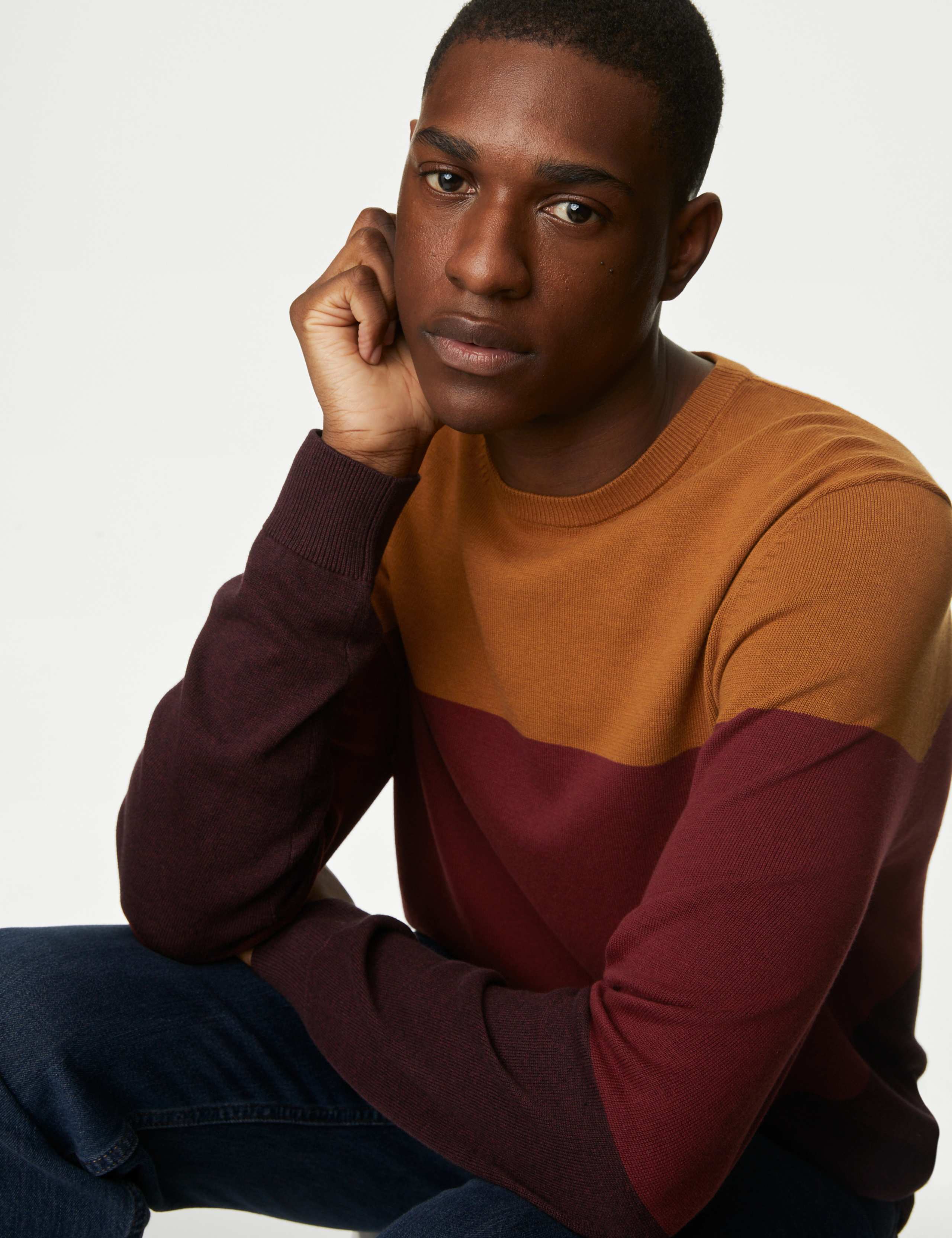 Pure Cotton Colour Block Crew Neck Jumper 3 of 6