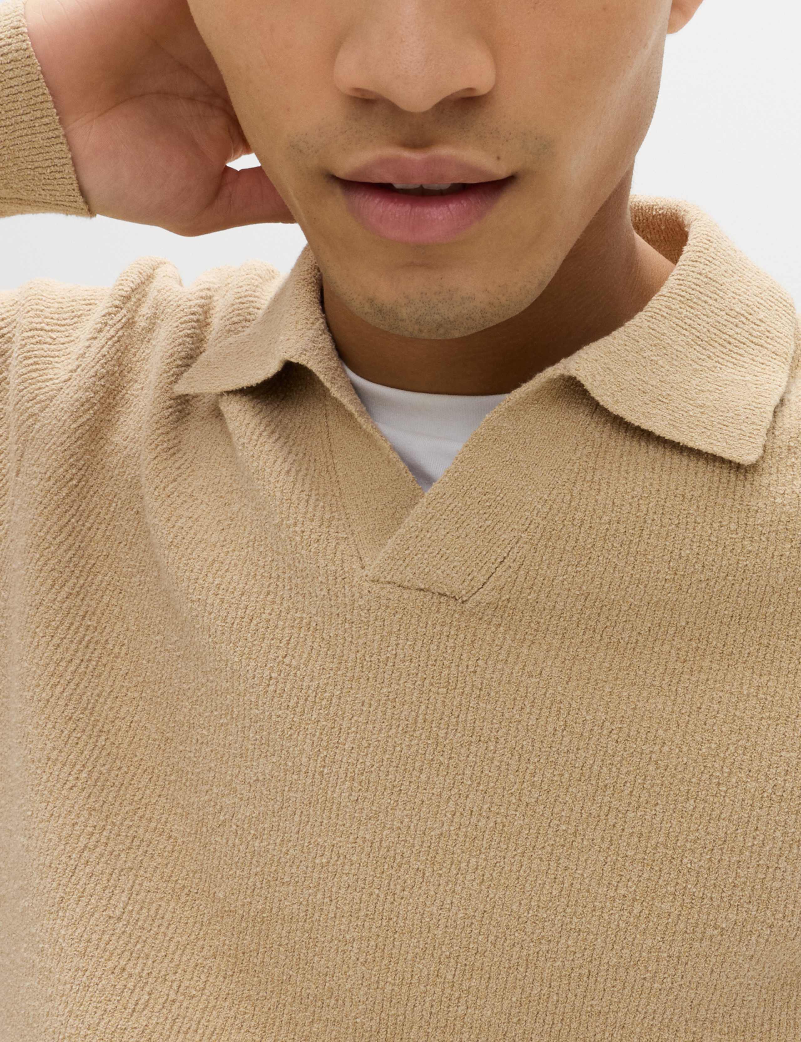 Cotton Rich Boucle Open Neck Knitted Polo Shirt 1 of 5