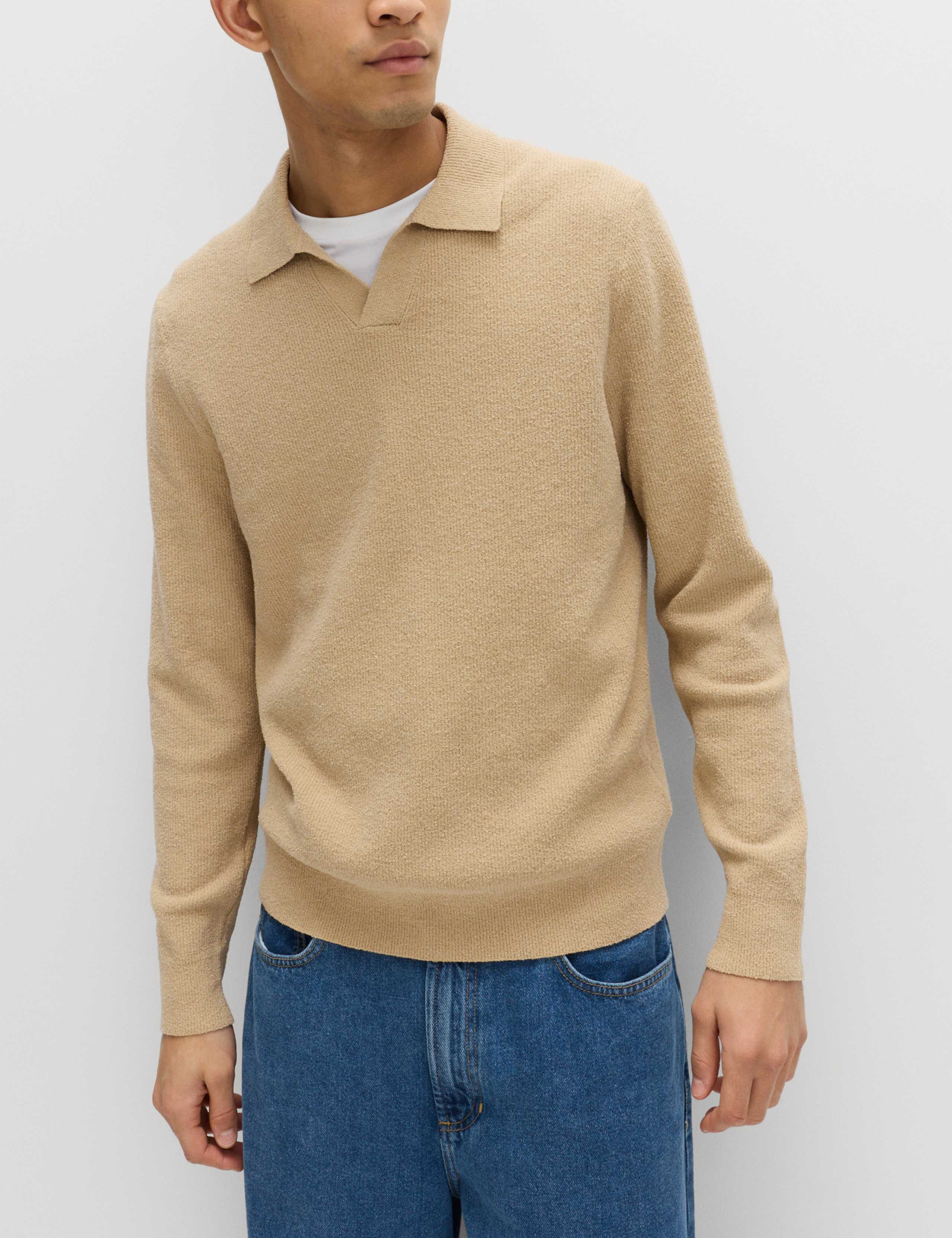 Cotton Rich Boucle Open Neck Knitted Polo Shirt 3 of 5