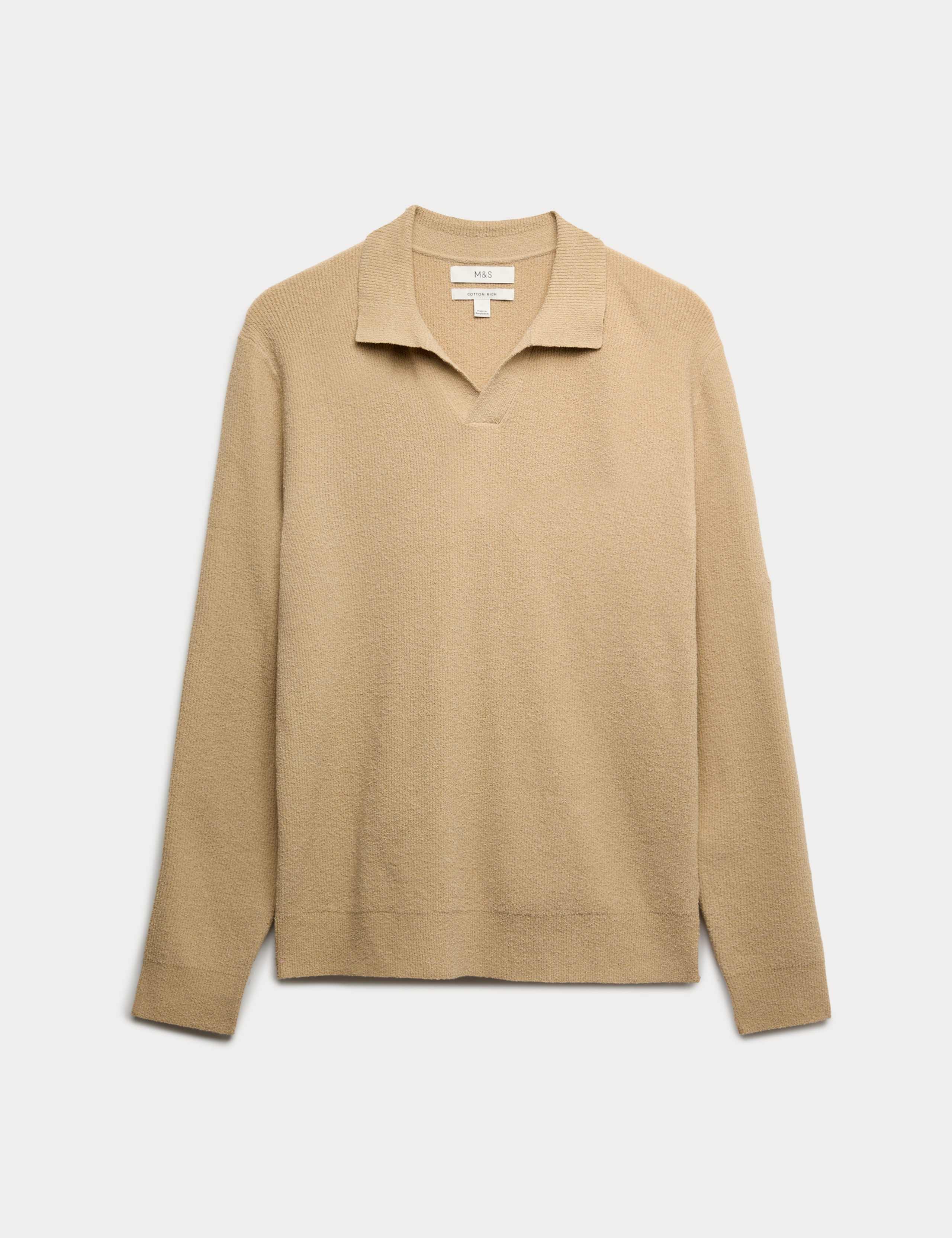 Cotton Rich Boucle Open Neck Knitted Polo Shirt 2 of 5