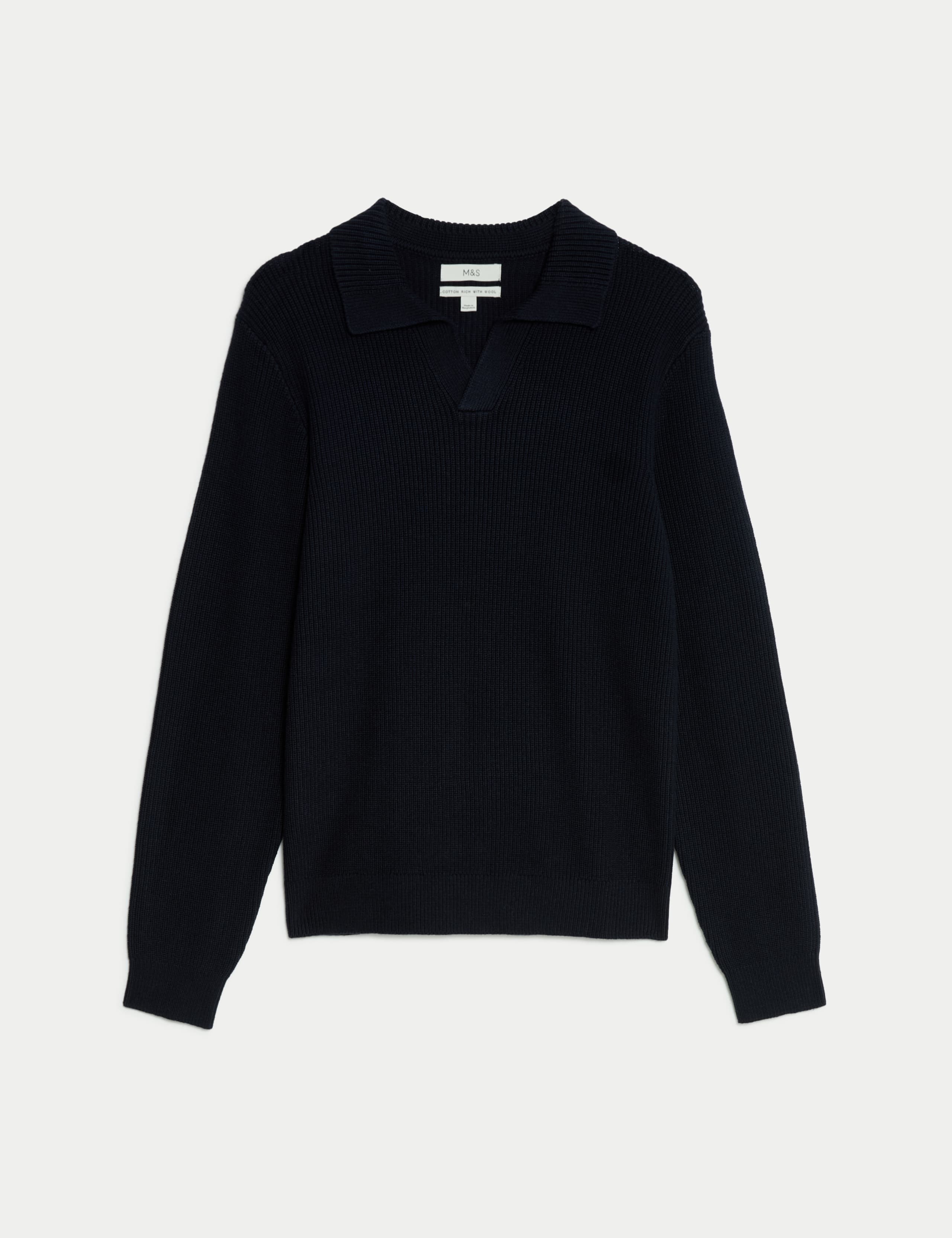Cotton Rich Open Neck Jumper with Wool 2 of 5
