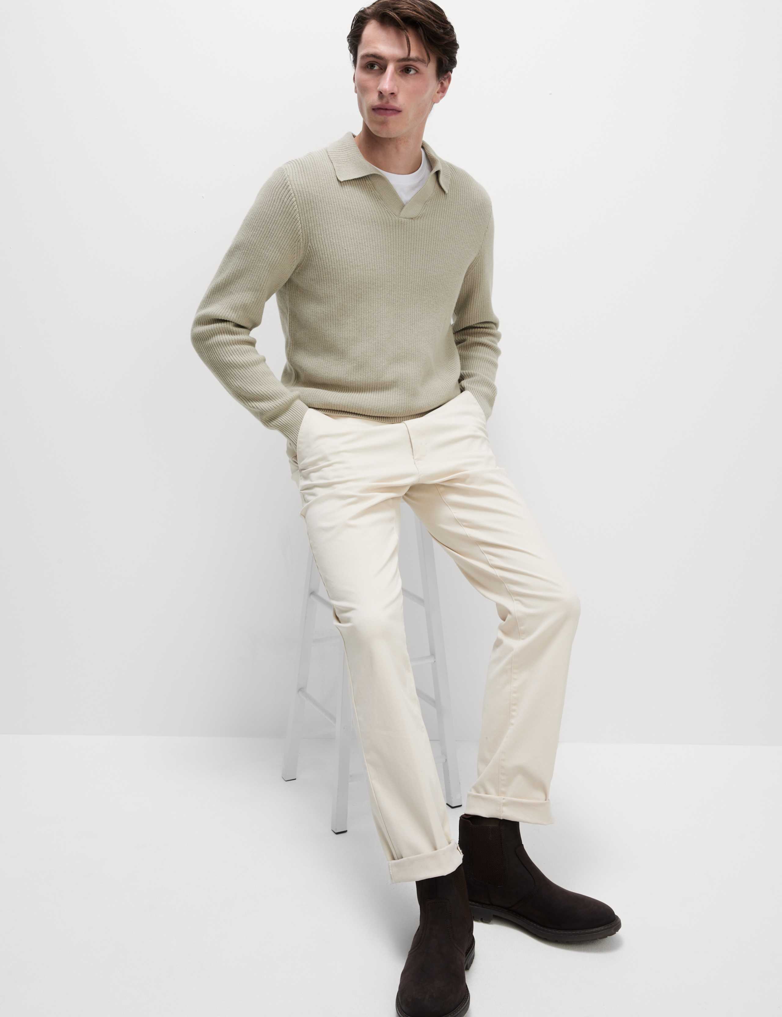 Cotton Rich Open Neck Jumper with Wool 4 of 5