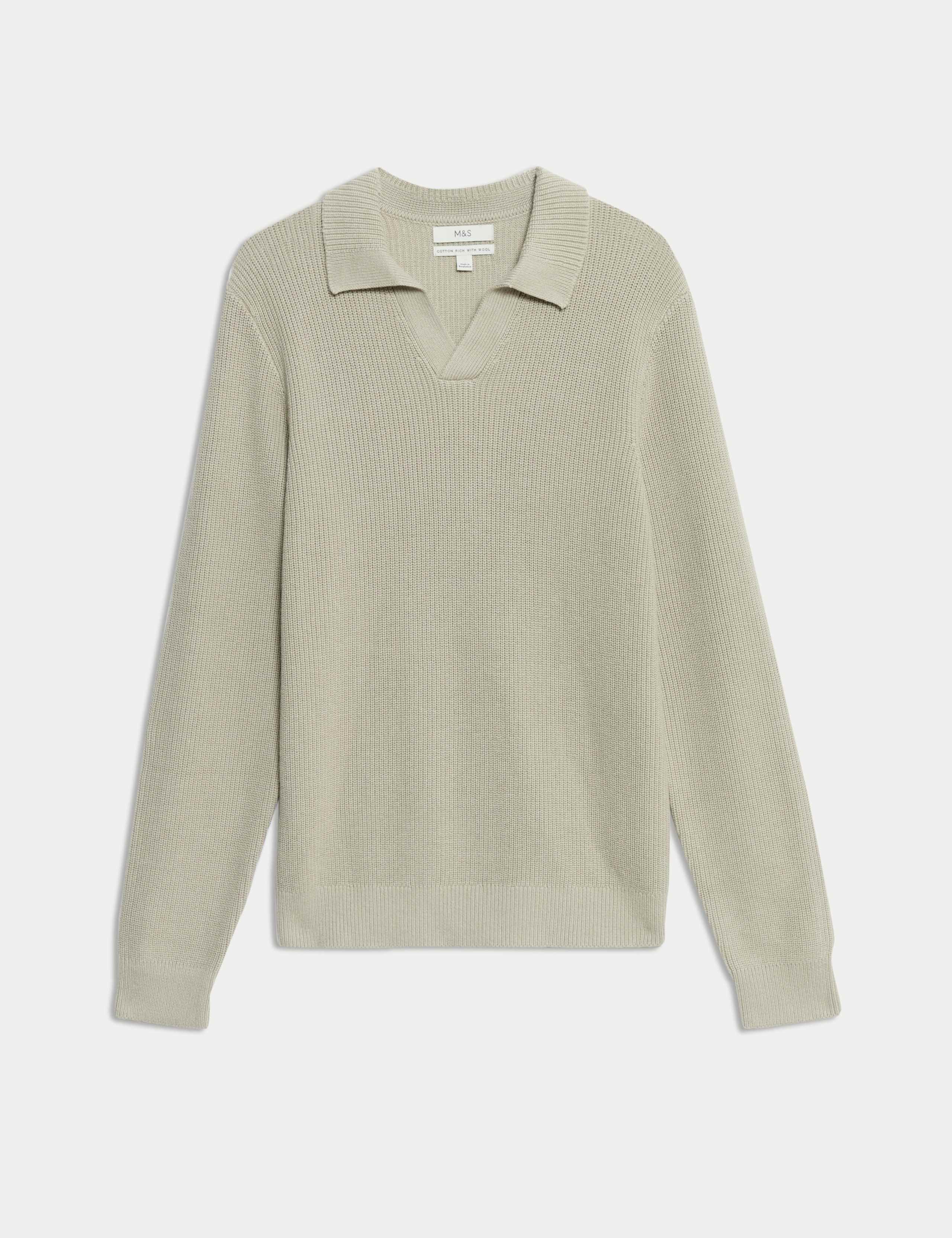 Cotton Rich Open Neck Jumper with Wool 2 of 5