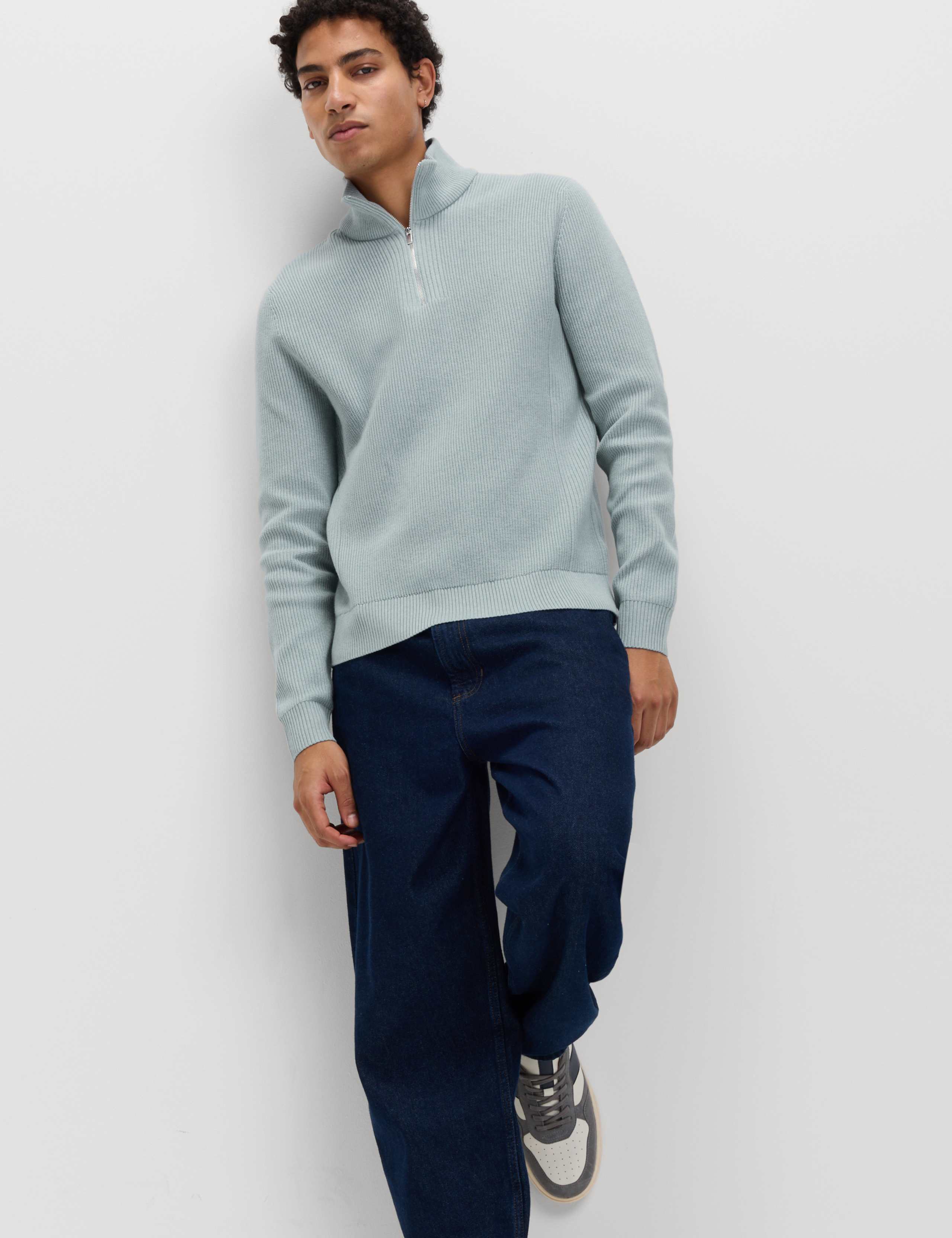 Cotton Blend Ribbed Half Zip Jumper 3 of 5