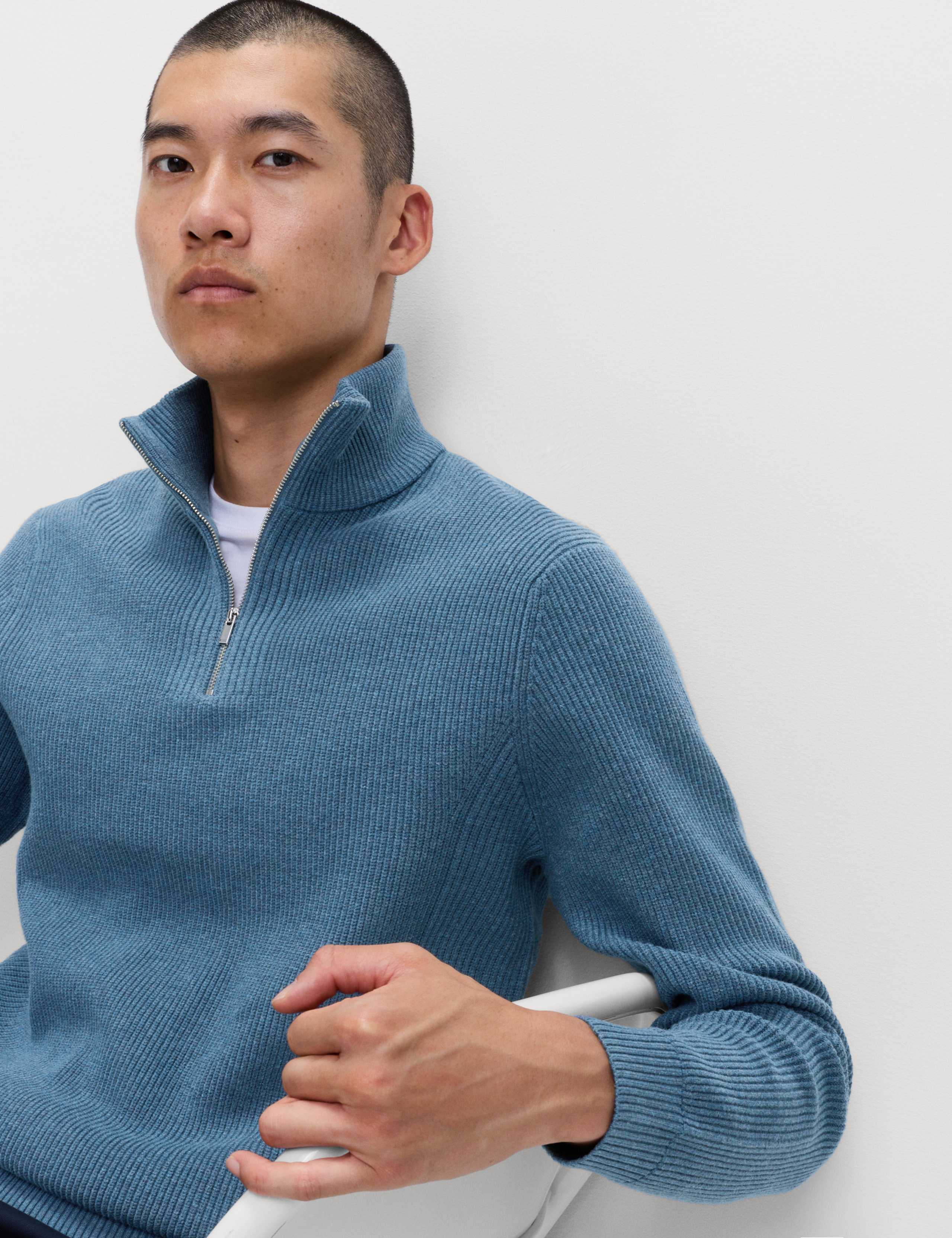 Cotton Blend Ribbed Half Zip Jumper 3 of 7