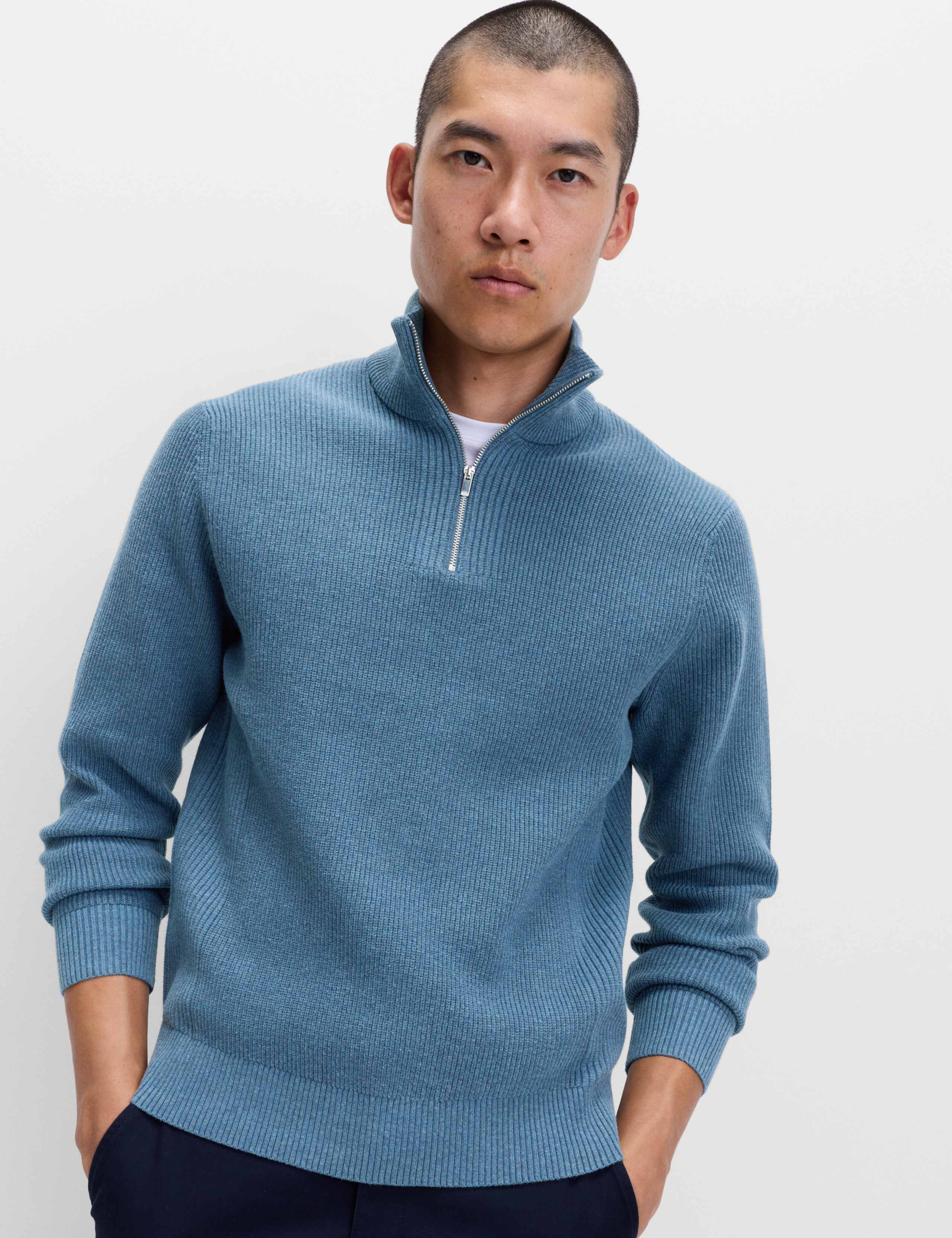 Cotton Blend Ribbed Half Zip Jumper 5 of 7
